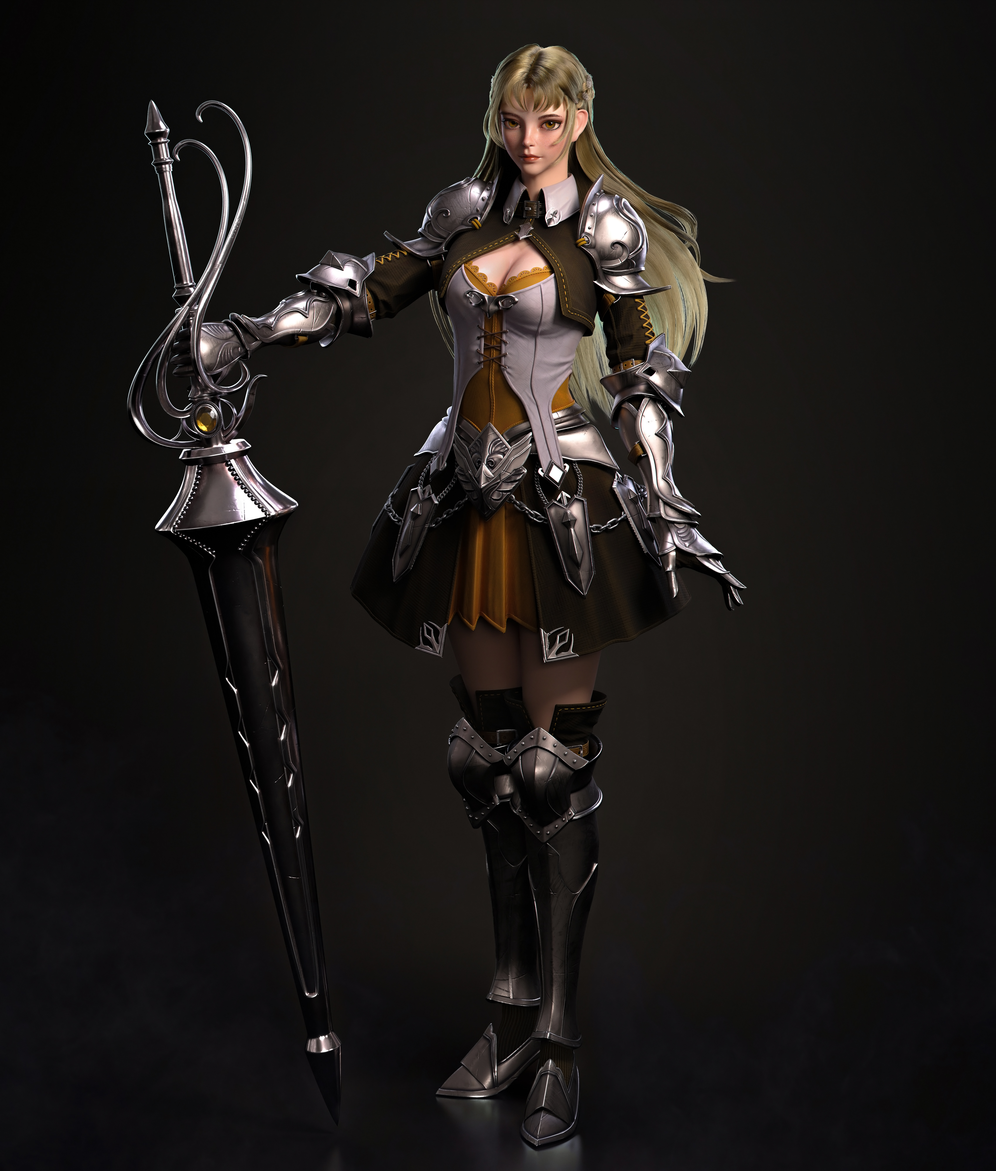 Cifangyi CGi Women Blonde Warrior Armor Knight Steel Lance Weapon Simple Background 3403x4000