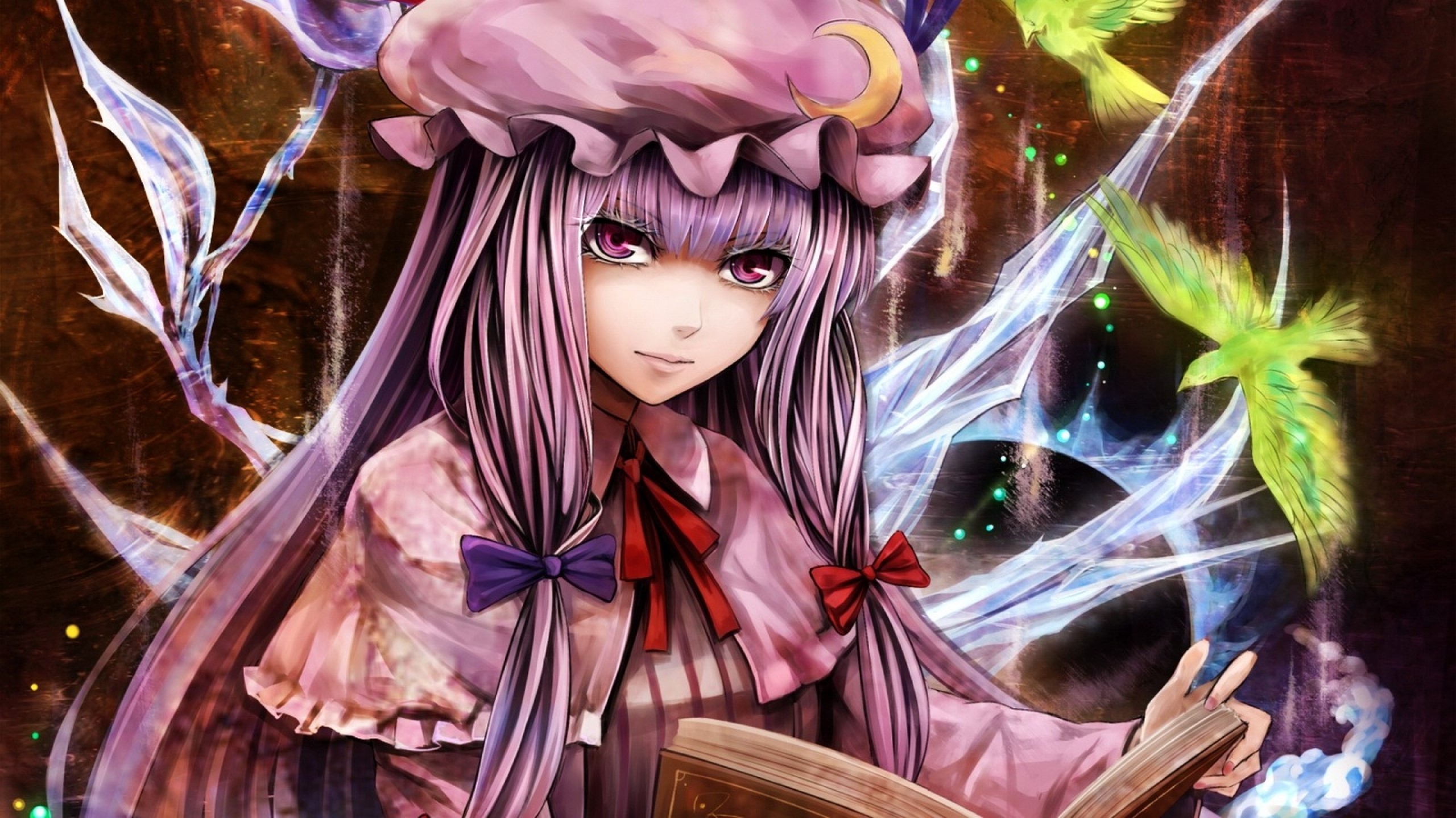 Anime Bird Girl Hat Patchouli Knowledge Purple Eyes Purple Hair Touhou 2560x1440