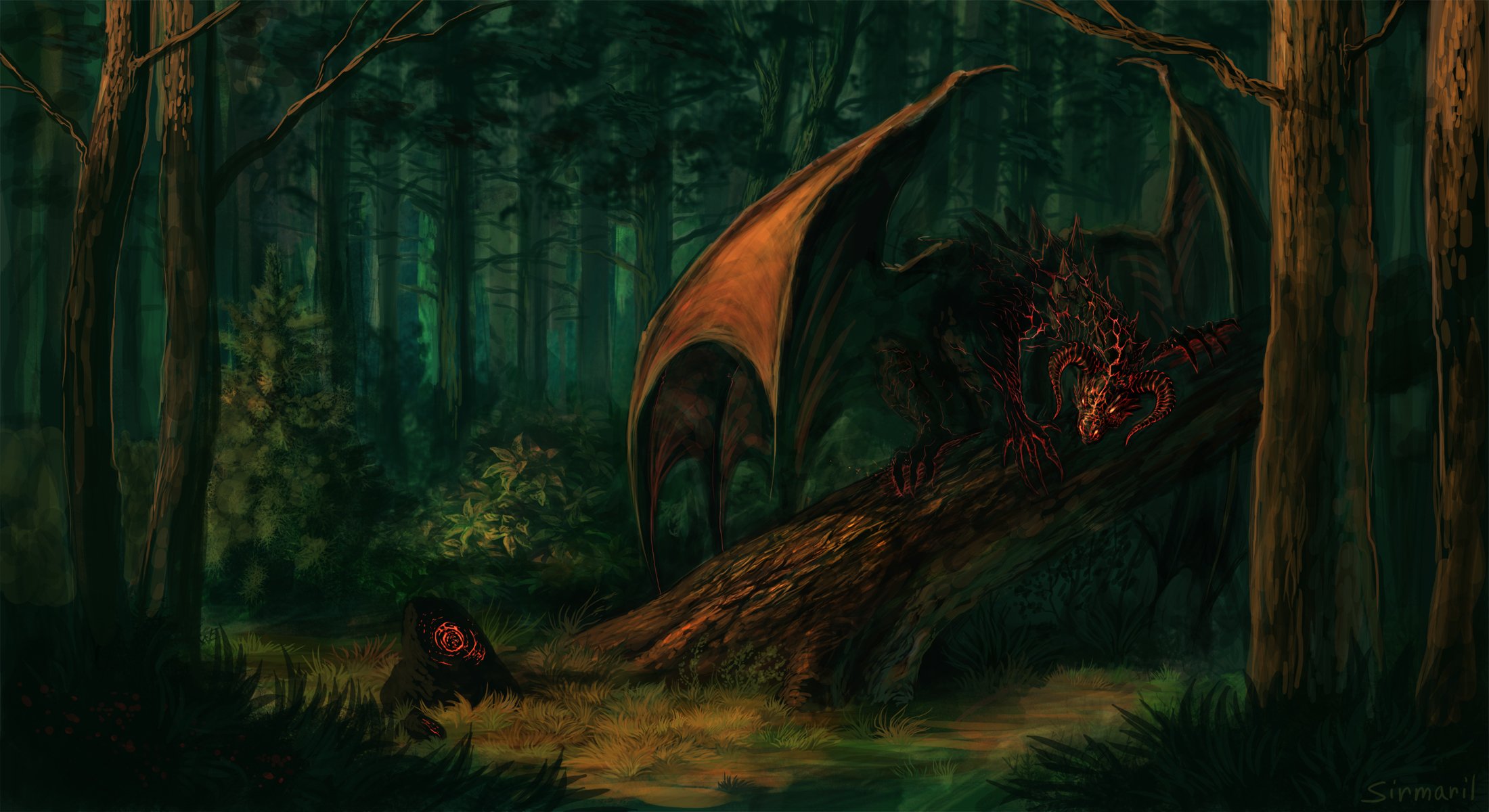Artwork Digital Art Dragon Fantasy Art Forest Trees Trunks Wings Creature 2200x1200