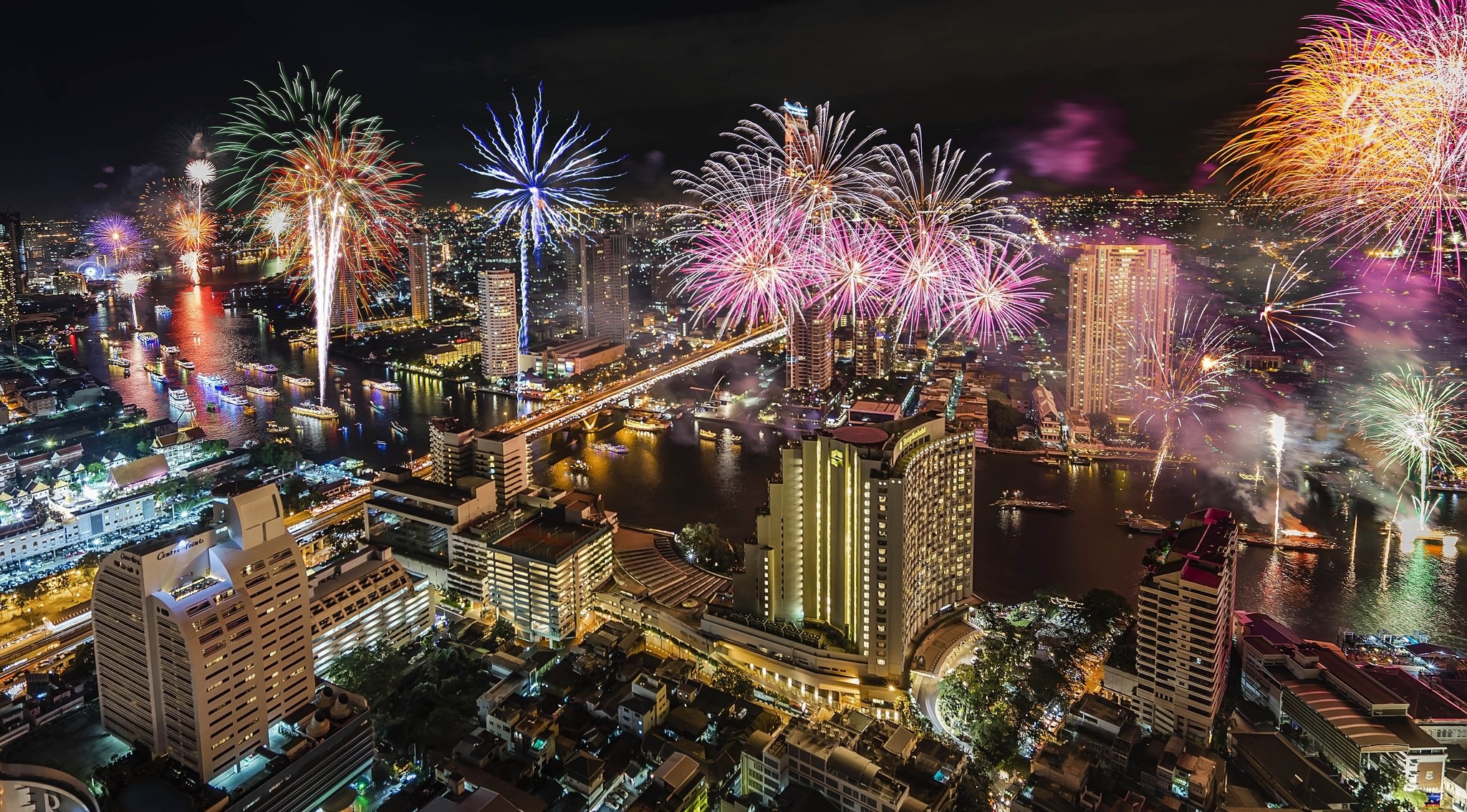 Bangkok Building City Fireworks Night Skyscraper Thailand 2048x1134