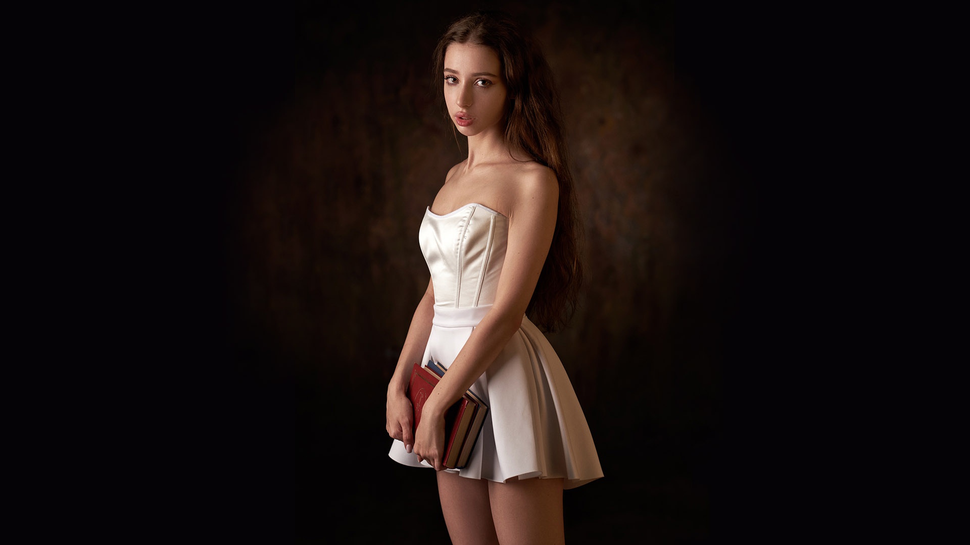 Max Pyzhik Model Women Brunette Brown Eyes Dress Strapless Dress Legs Bare Shoulders Books Looking A 1920x1080