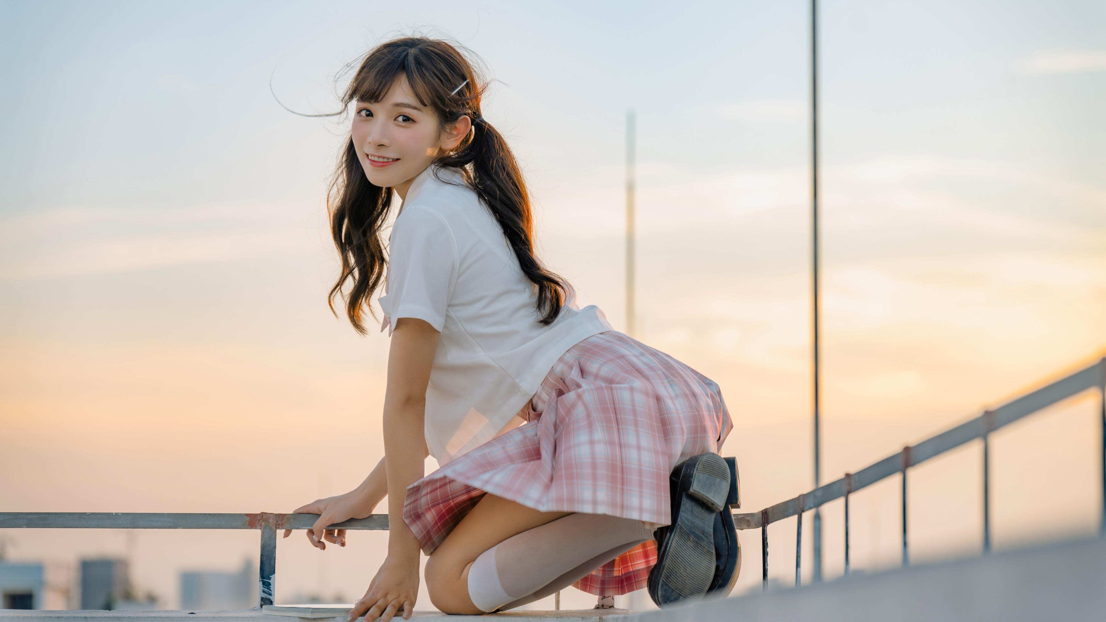 Skirt Asian Hair Clip Twintails White Shirt Depth Of Field Rooftops 3840x2160