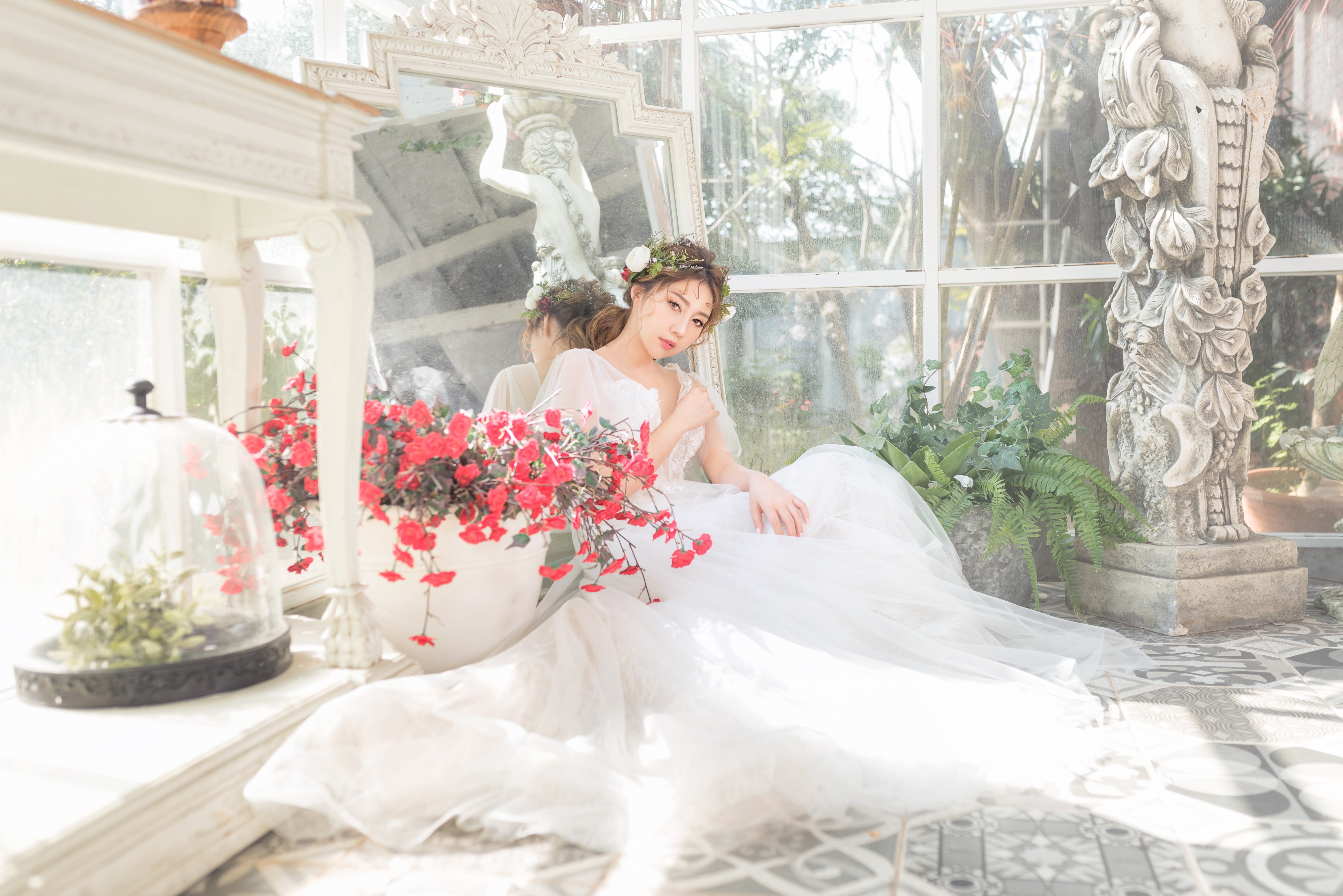 Asian Bride Brunette Girl Mirror Model Wedding Dress White Dress Woman 4000x2670