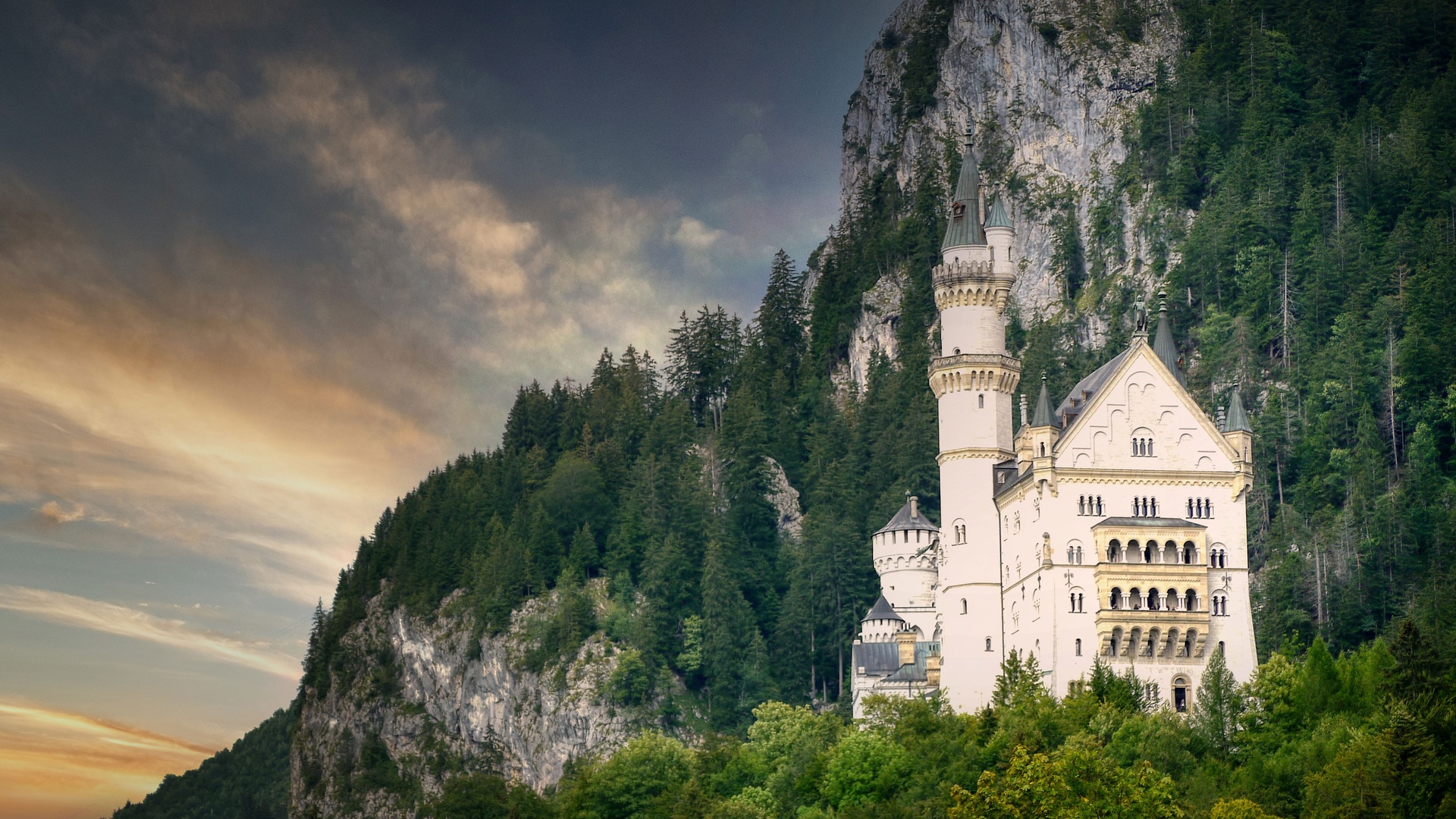 Architecture Castle Neuschwanstein Castle Germany Tower Trees Forest Rock Clouds Ancient 1920x1080