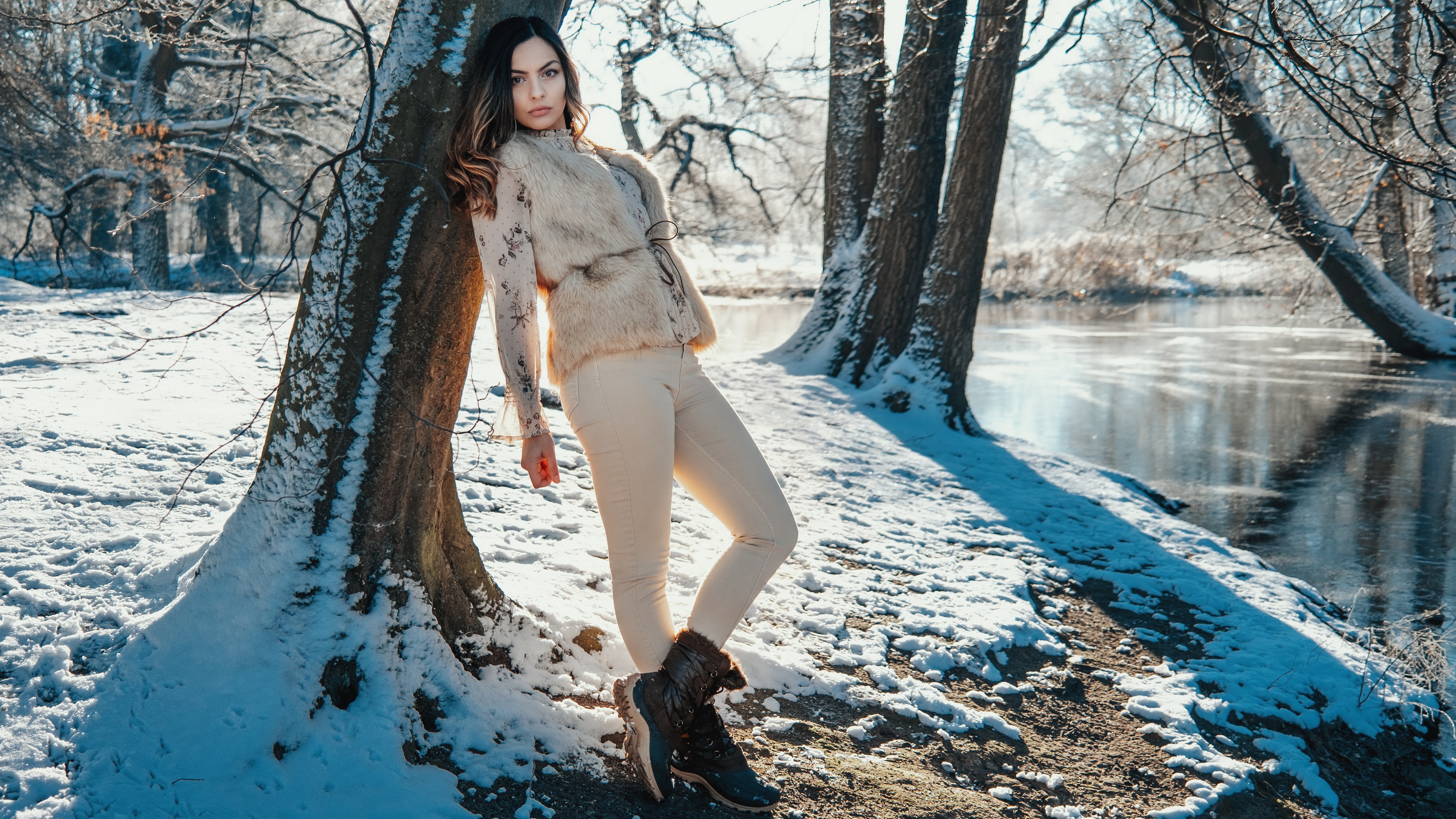 Model Women Brunette Dark Eyes Jacket Fur Jacket Pants Winter Snow River Trees Women Outdoors 3840x2160