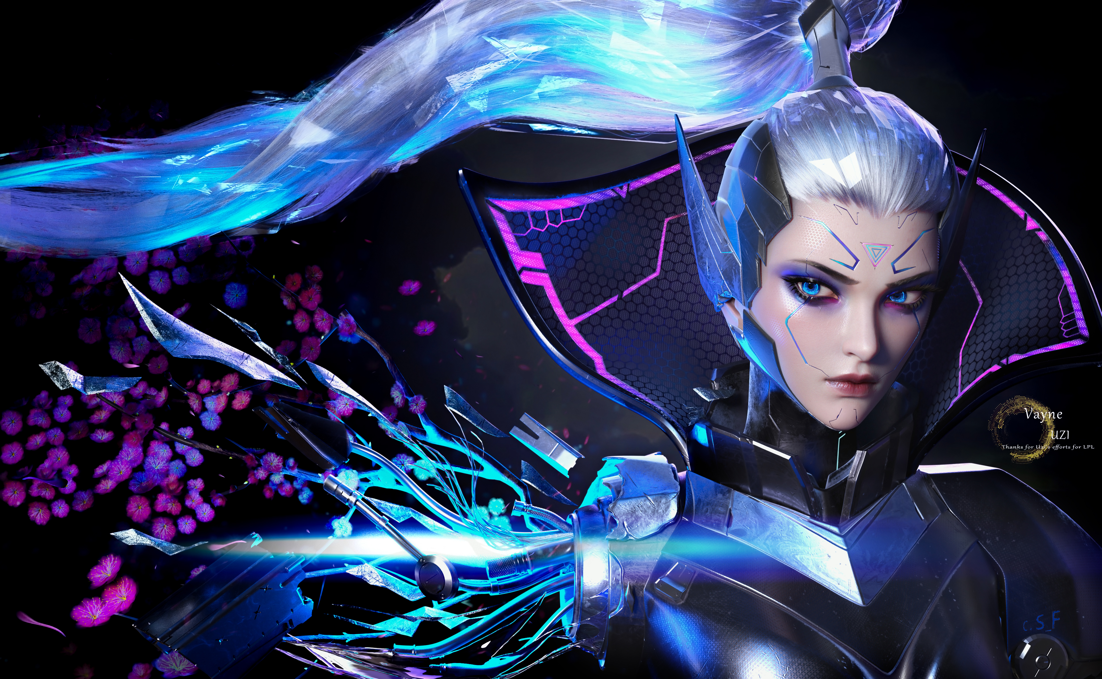 Yihao Ren CGi League Of Legends Women Vayne League Of Legends Vayne Ponytail Cyborg Portrait Glowing 3840x2367