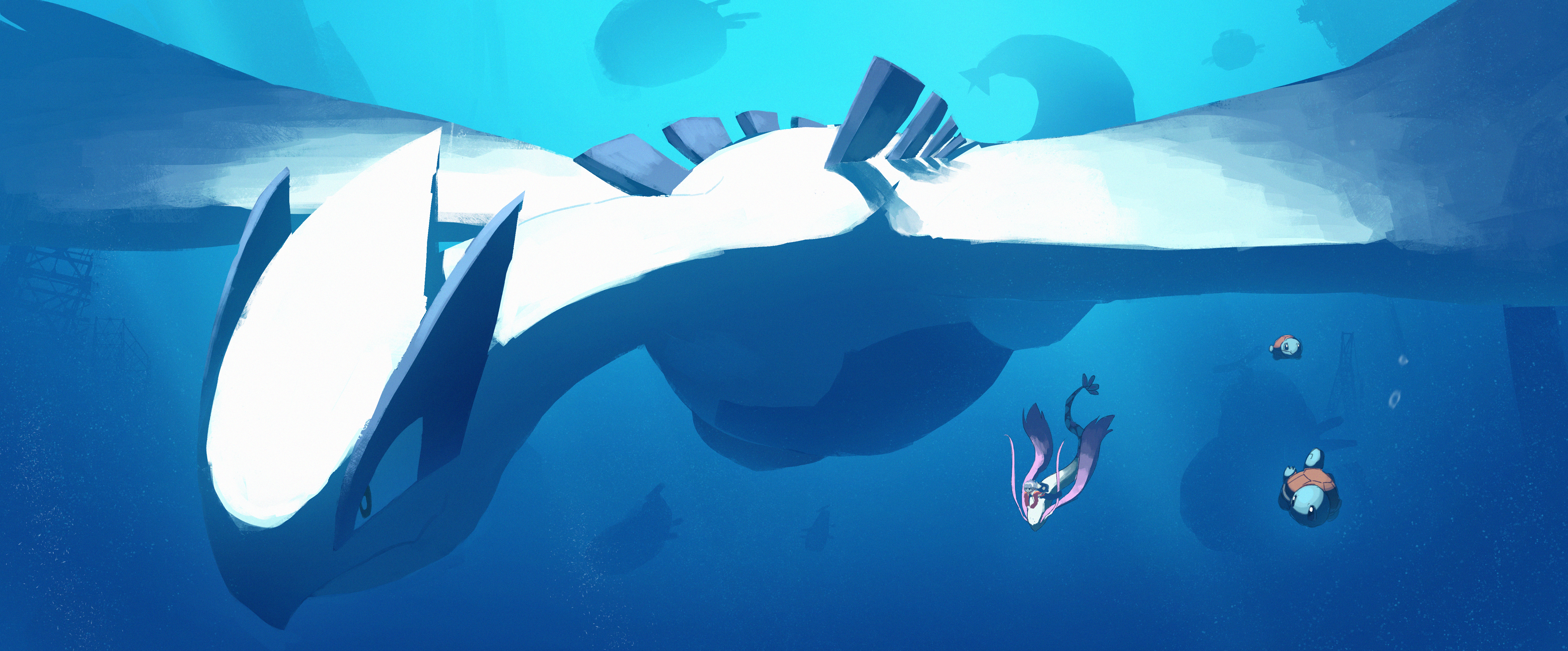 Asteroid Artist Pokemon Underwater Anime Lugia Squirtle 6000x2492
