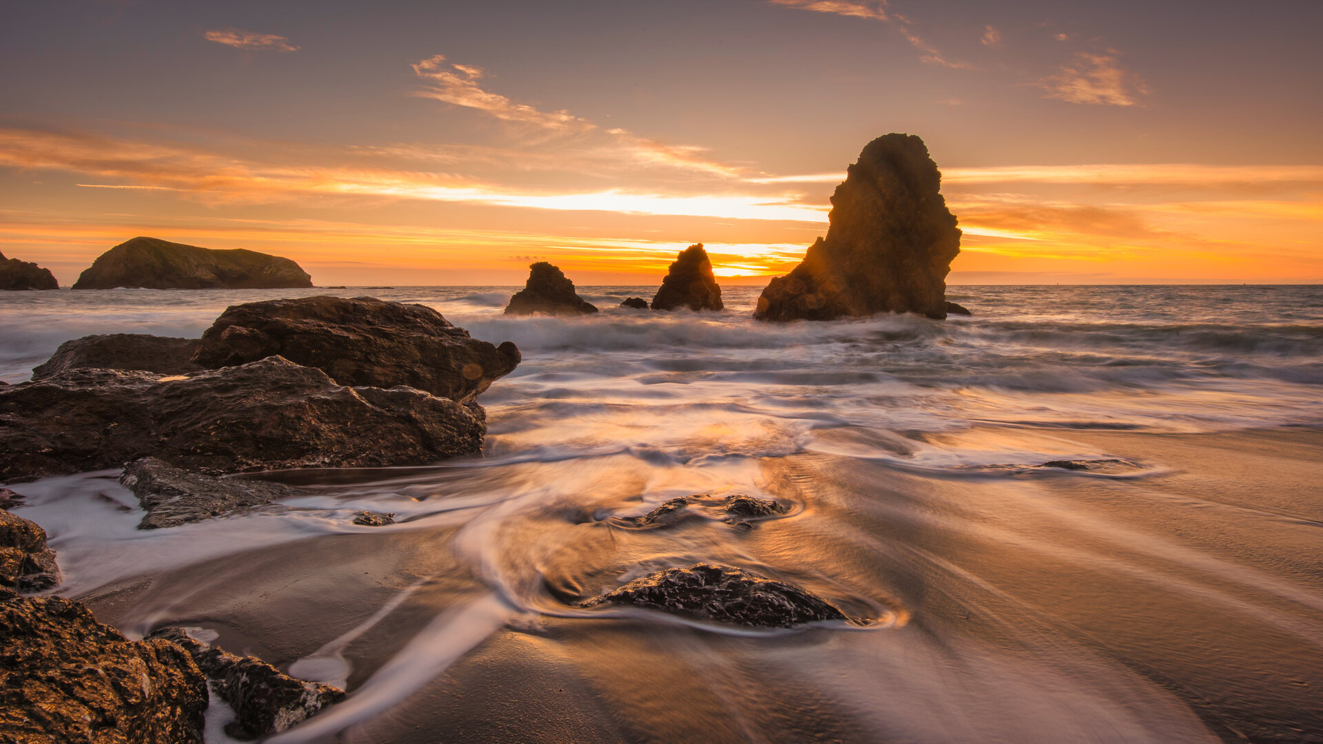 Nature Landscape Sky Clouds Sunset Rocks Beach Sea Waves Water Sand 1920x1080