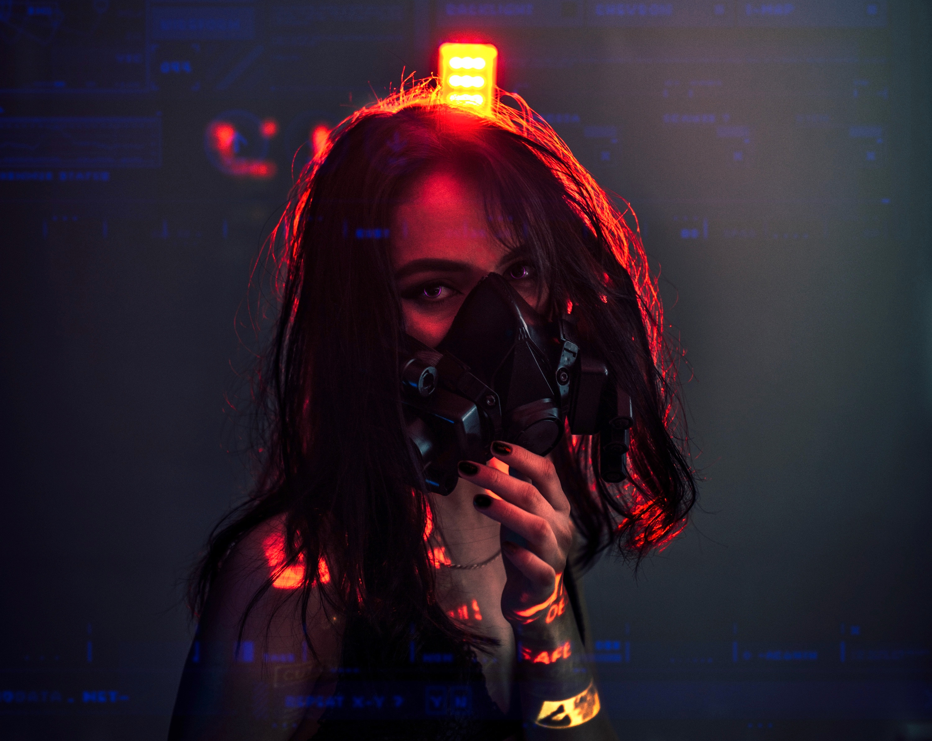 Vadim Sadovski Cyborg Mask Looking Away Red Light Women Dark Hair Digital Art Fan Art Cyberpunk Artw 3000x2385