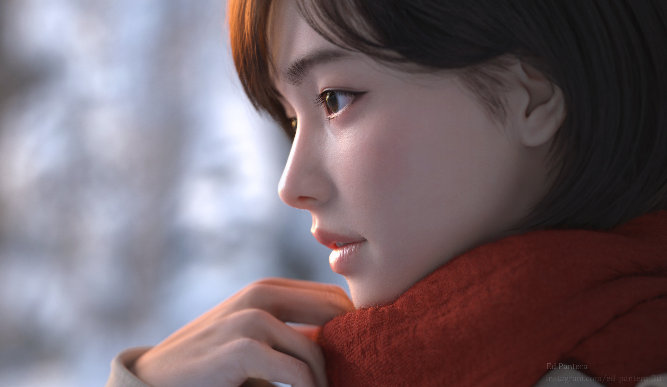 3D Graphics Winter Asian 3D CGi Render Face Profile Women Brunette Dark Eyes Ed Pantera 2249x1306