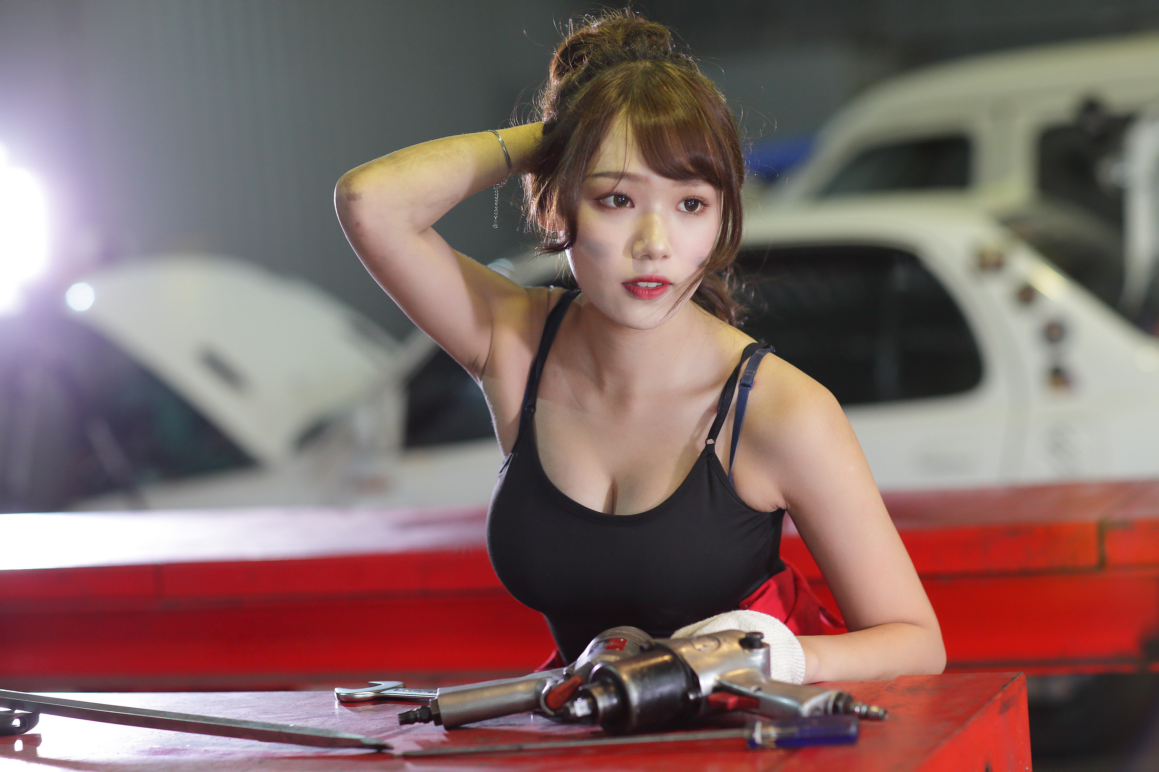 Asian Model Women Long Hair Brunette Black Top Tools Car Depth Of Field Hair Knot 3840x2560