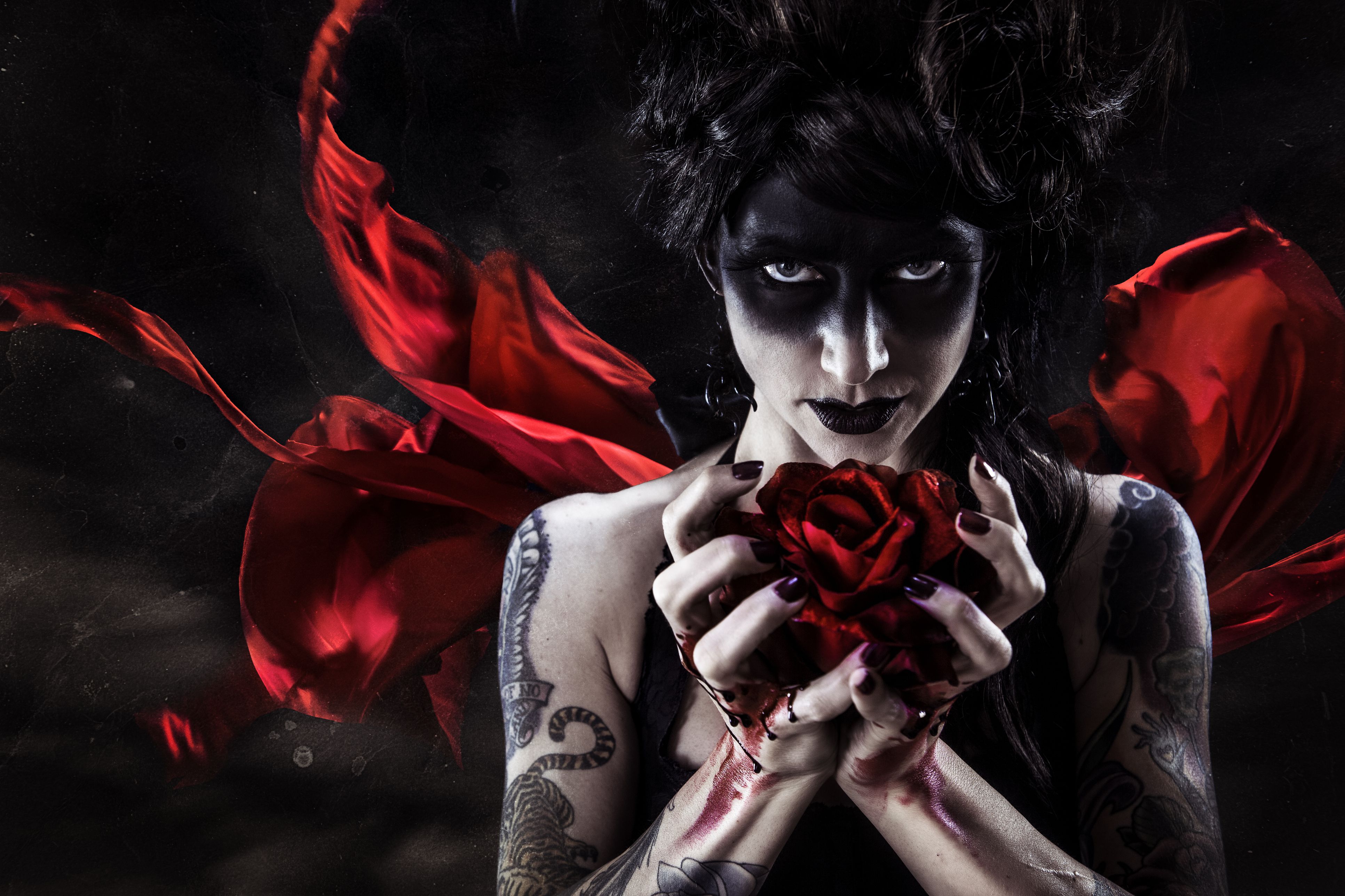 Dark Demon Fantasy Girl Lipstick Rose Tattoo Woman 3865x2576