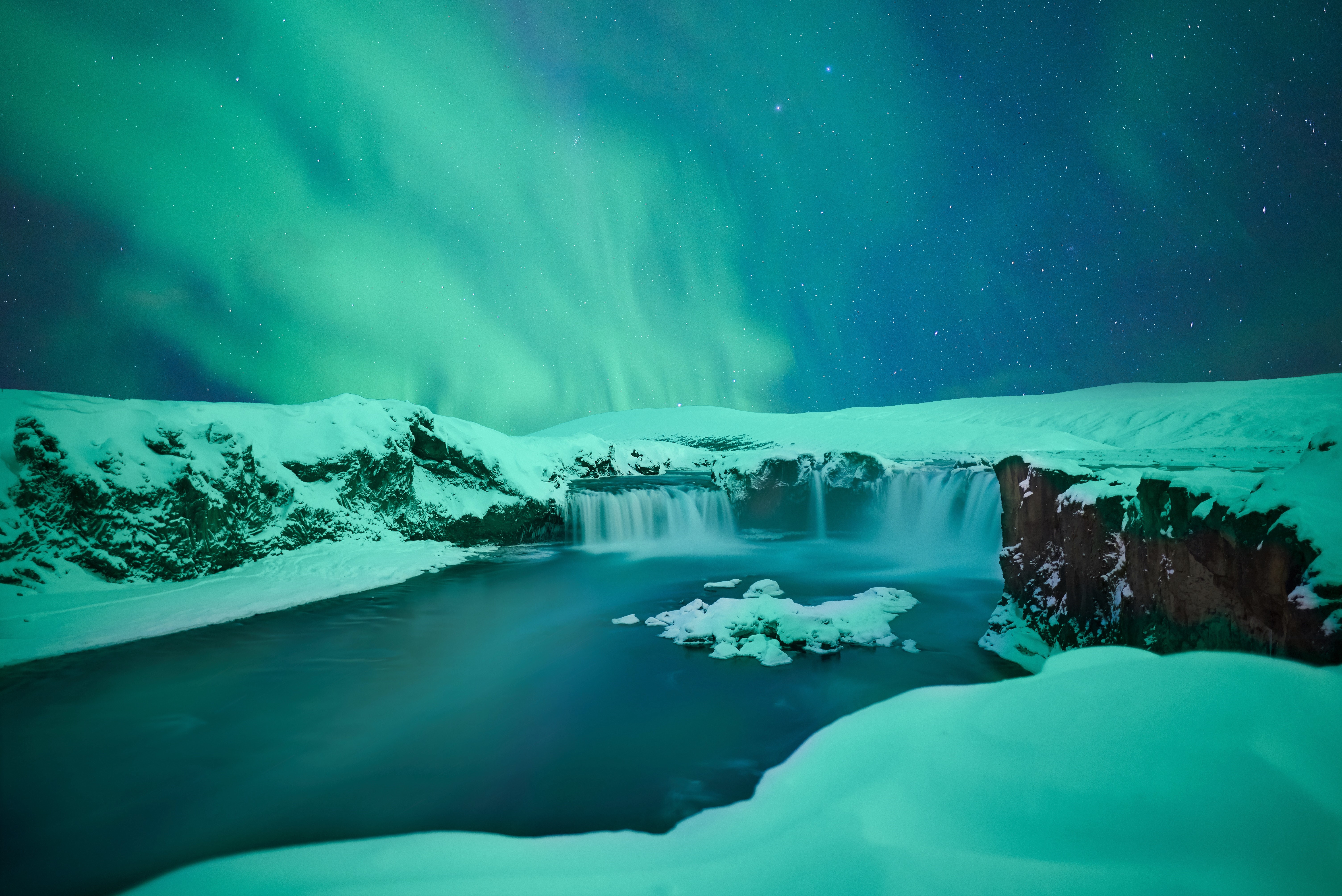 Aurora Borealis Earth Sky Waterfall Winter 6016x4016