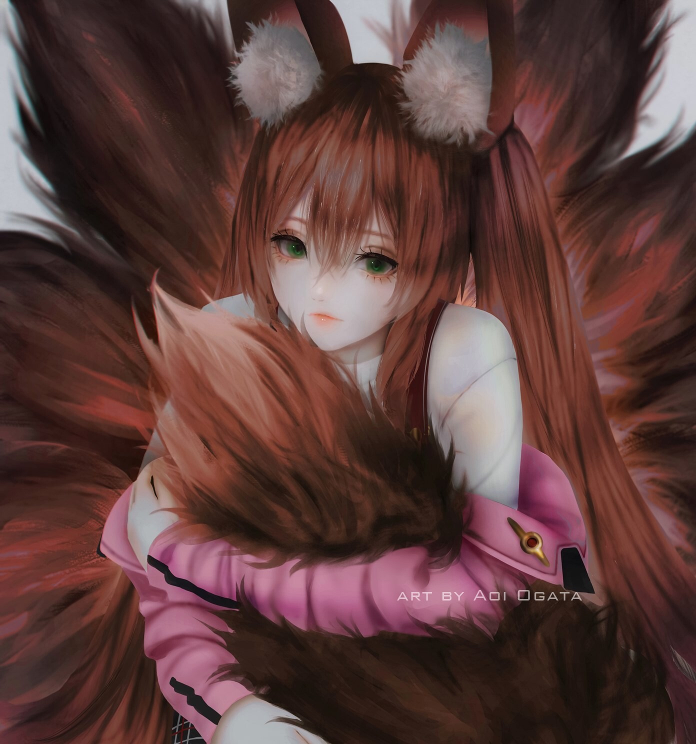 Drawing Simple Background Original Characters Women Fox Girl Animal Ears Tail Brunette Green Eyes Ao 1392x1488