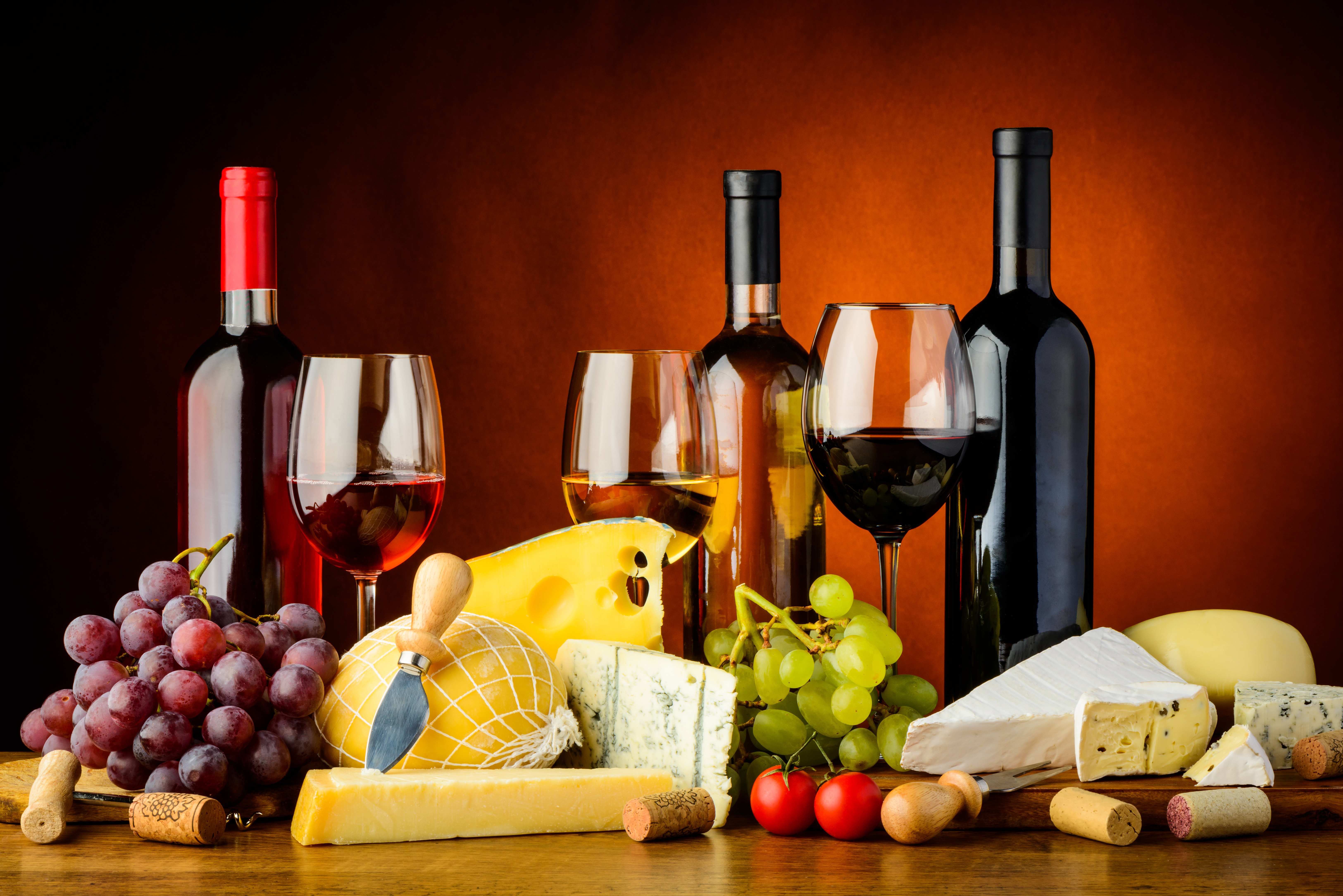 Bottle Cheese Glass Grapes Still Life Wine 6500x4338