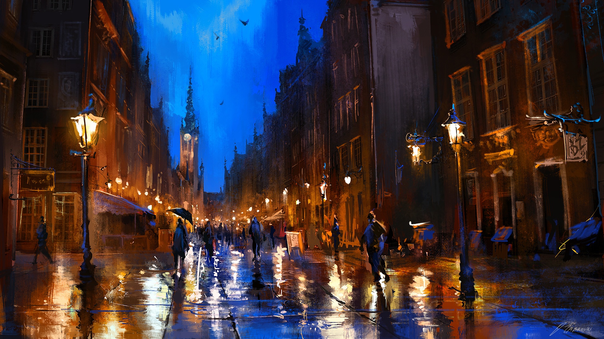 Building Gdansk Lamp Post Night Painting People Poland Town 1920x1080