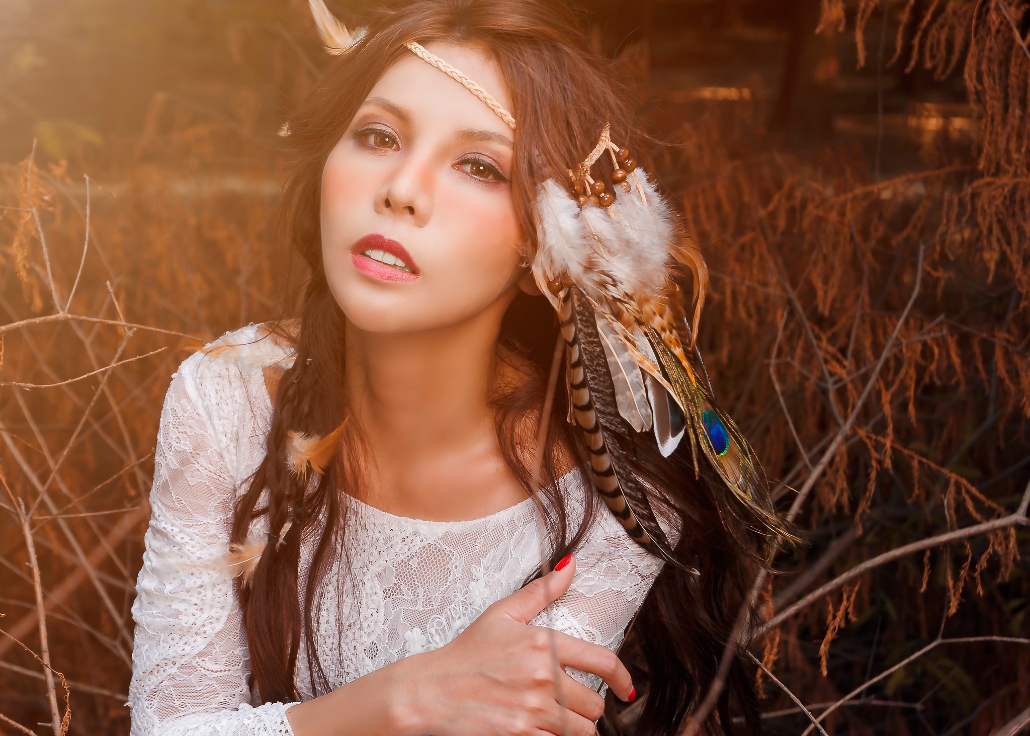 Asian Brown Eyes Brunette Feather Girl Model Woman 2048x1463