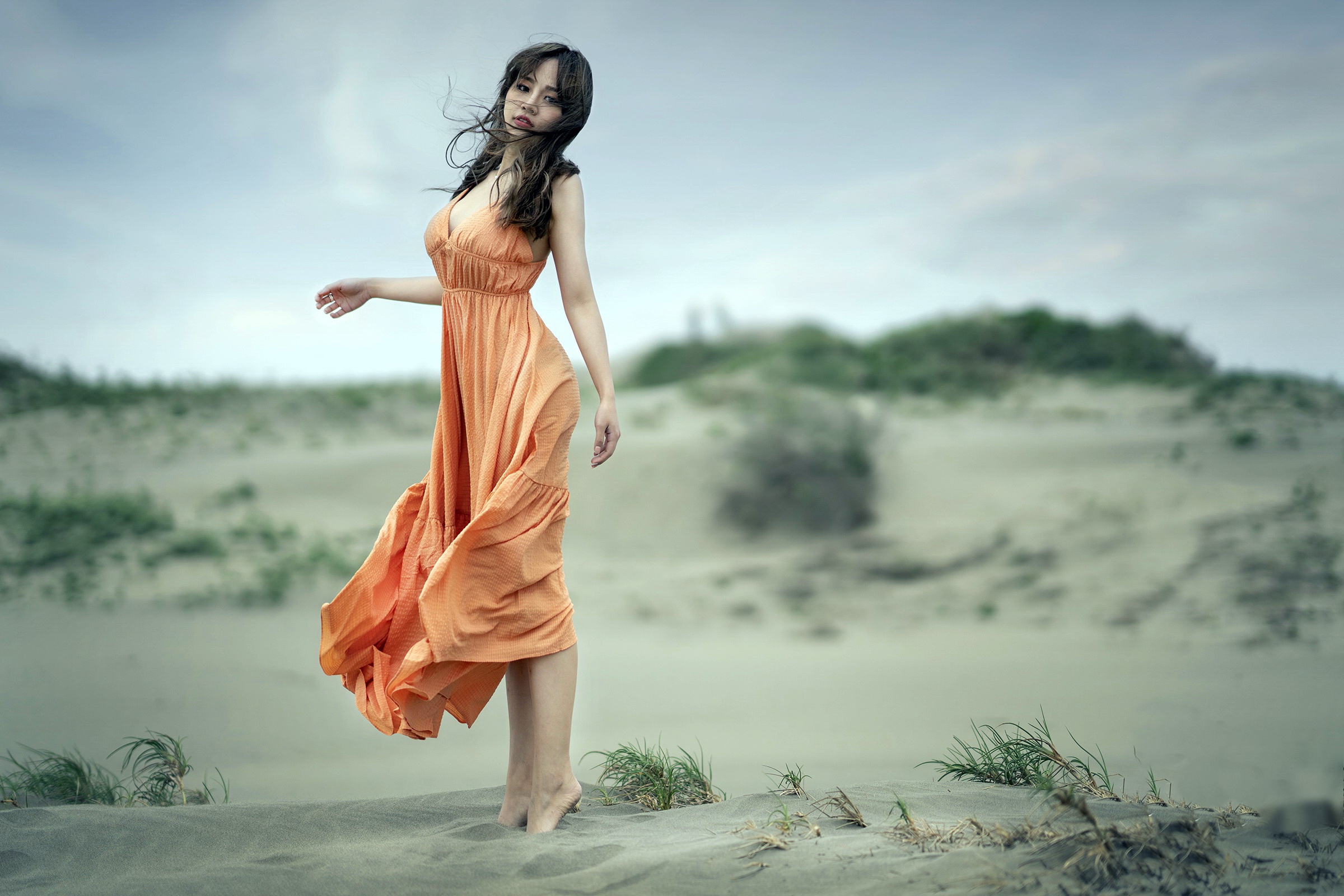 Asian Women Model Dress Orange Dress Women Outdoors Barefoot Dark Hair Looking At Viewer Standing Ti 2400x1600