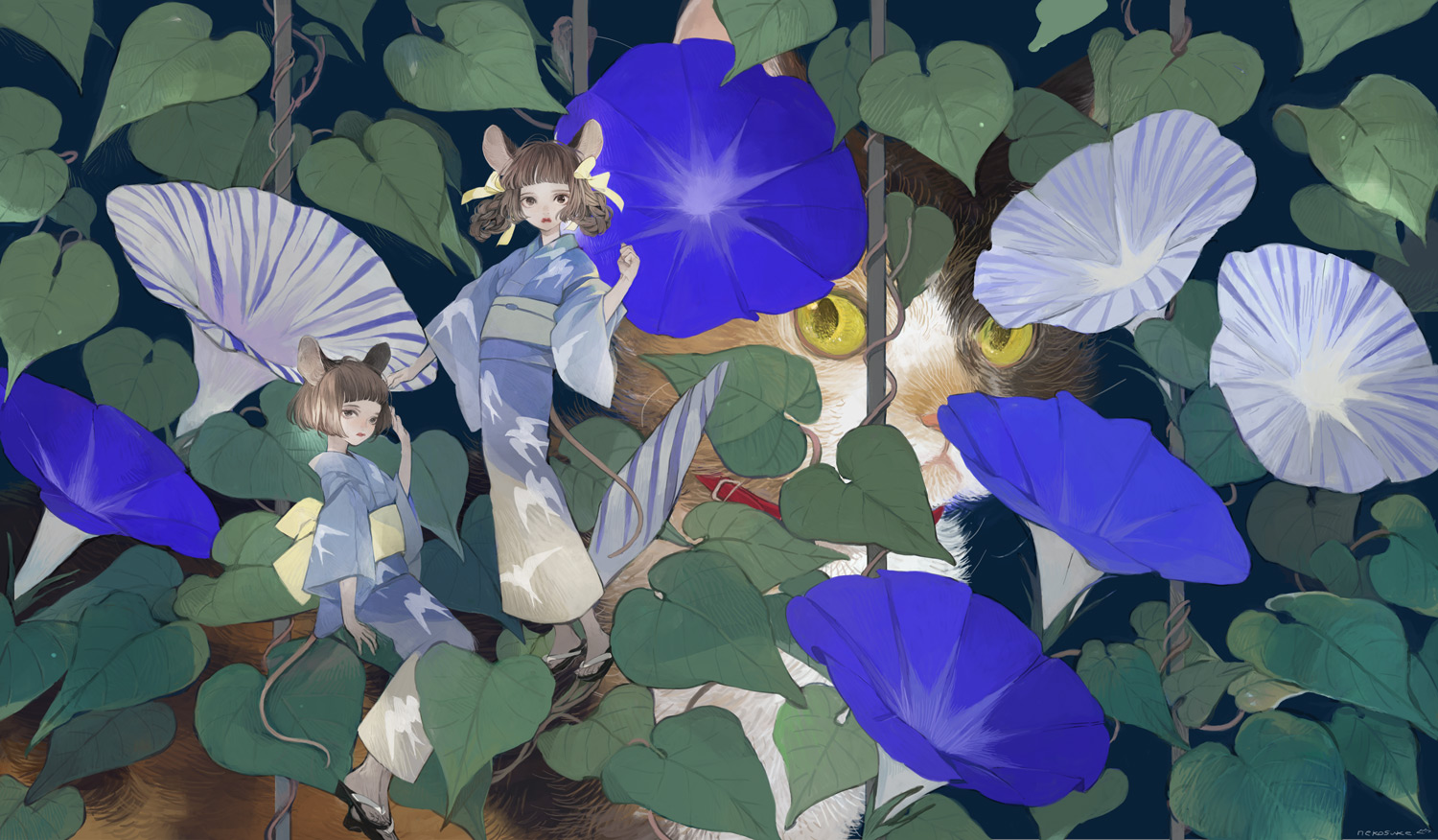 Anime Anime Girls Cats Nekosuke Original Characters Flowers Mouse Girls Mouse Ears 1500x876