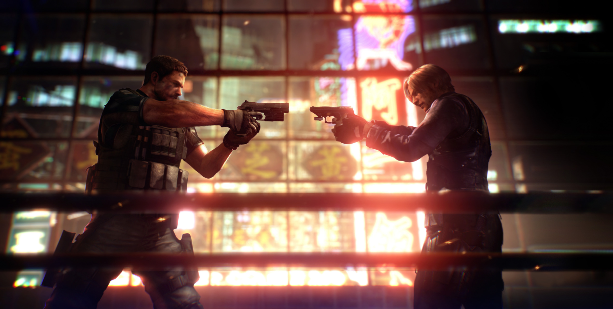 Video Games Video Game Characters Chris Redfield Pistol Gun Leon S Kennedy Resident Evil Standing Sc 2540x1280