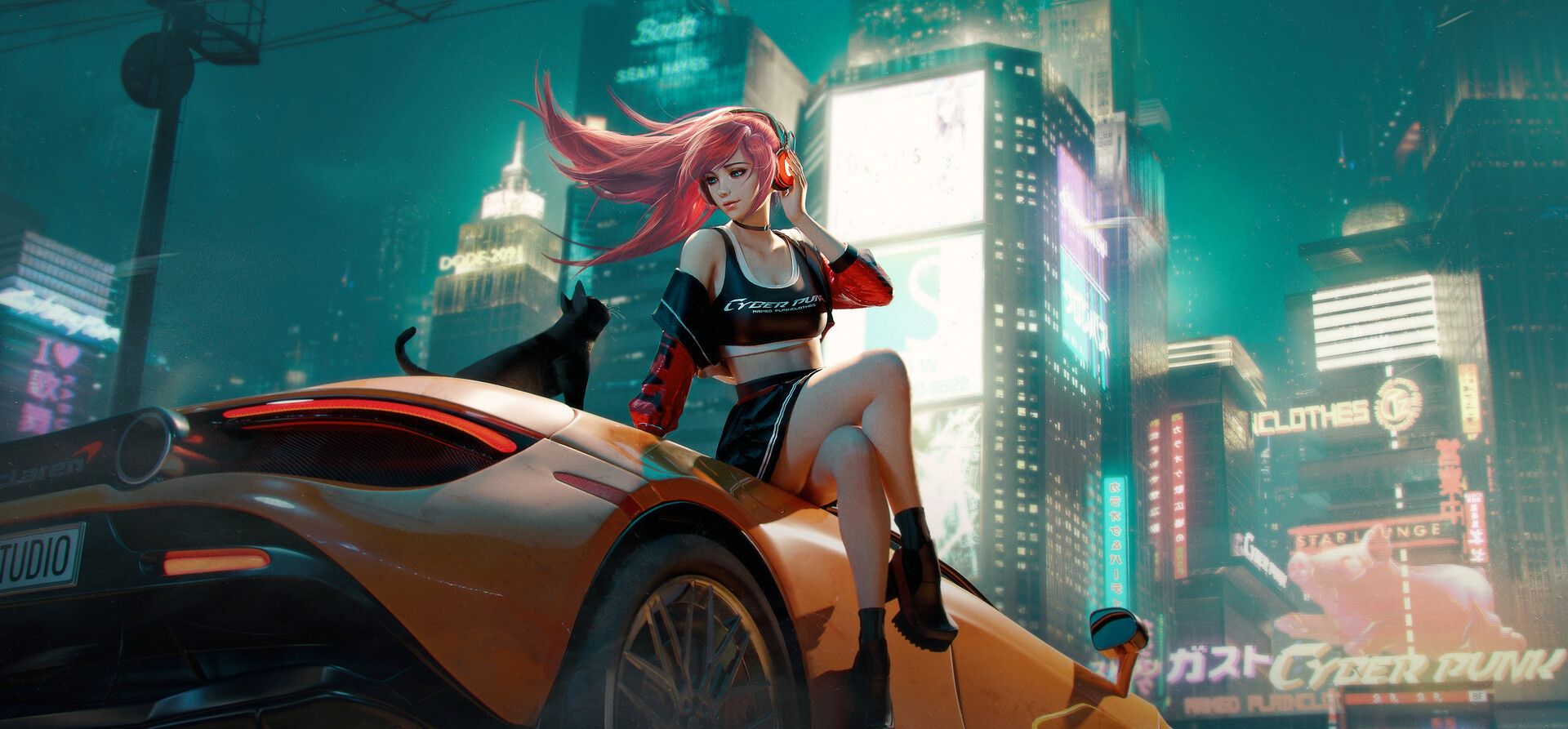 Women Cats Animals Car Vehicle Sitting Mammals Futuristic Futuristic City Legs Crossed Artwork Pink  1920x893