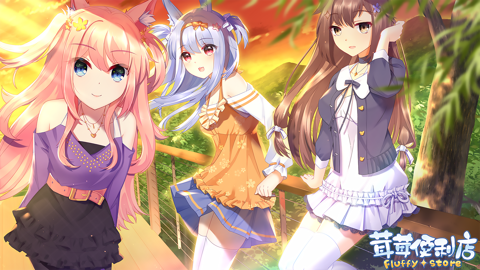 Anime Games Anime Girls Anime Women Trio Pink Hair Purple Hair Brunette Looking At Viewer Colorful B 1920x1080