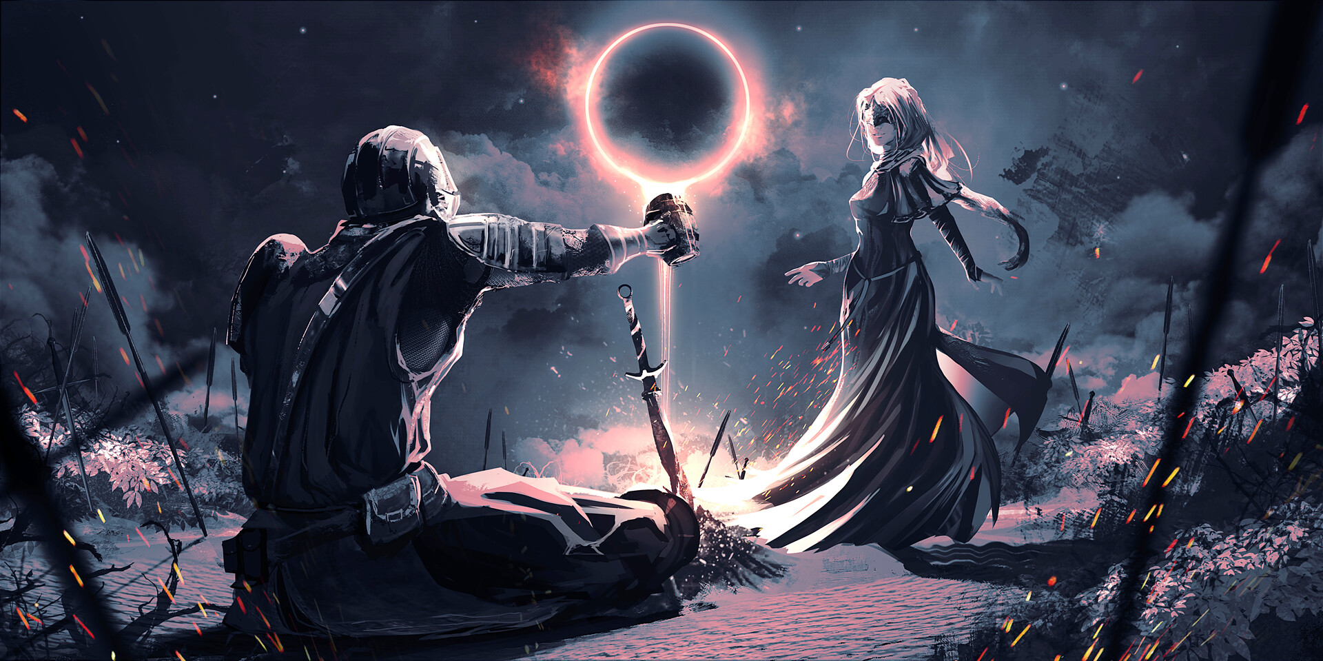 Rashed AlAkroka Dark Souls 3 Fantasy Art Sword Knight Eclipse Sparks Women Dress Mug Bonfire 1920x959