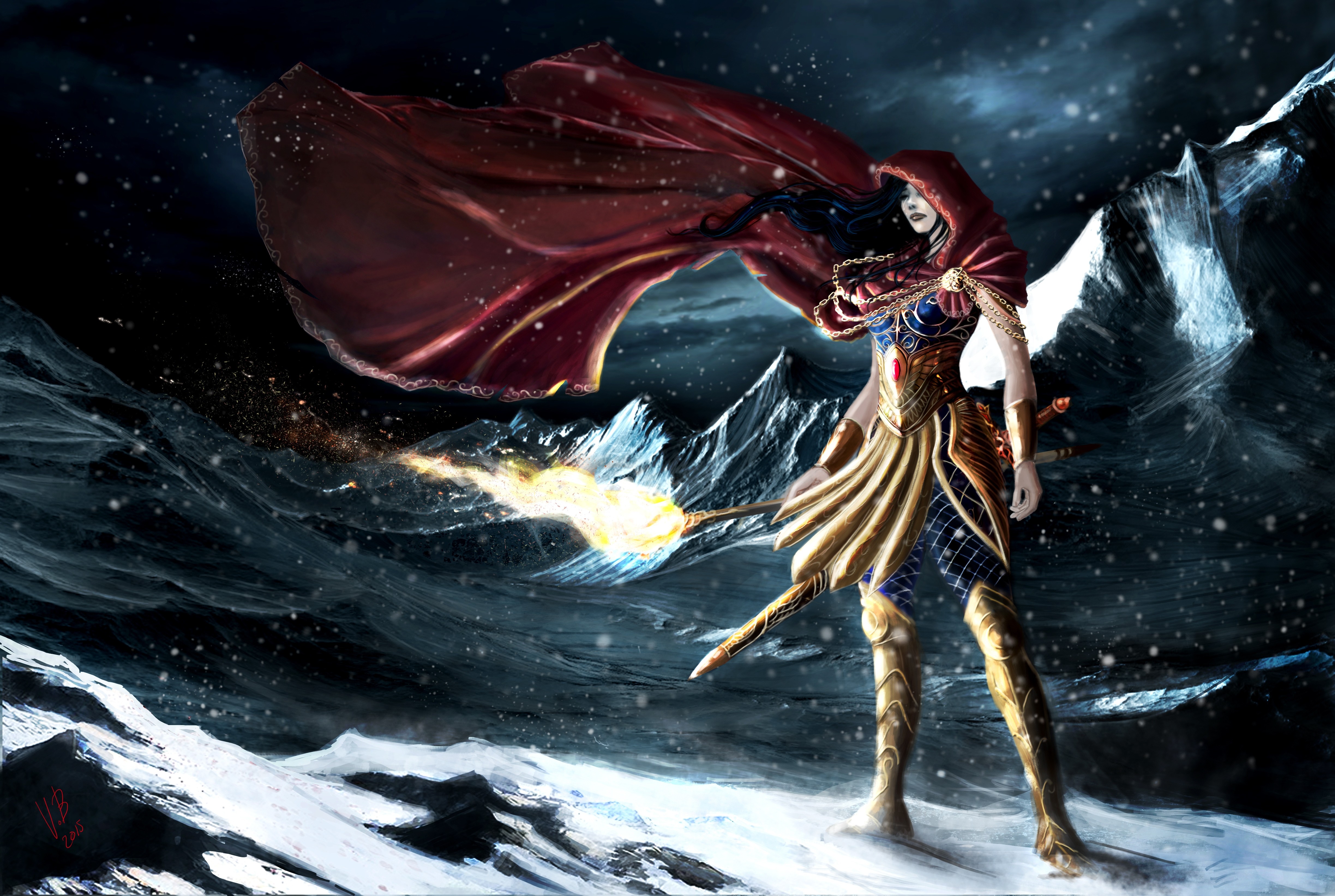 Cape Fantasy Girl Snow Torch Warrior Weapon Winter Woman 4895x3286