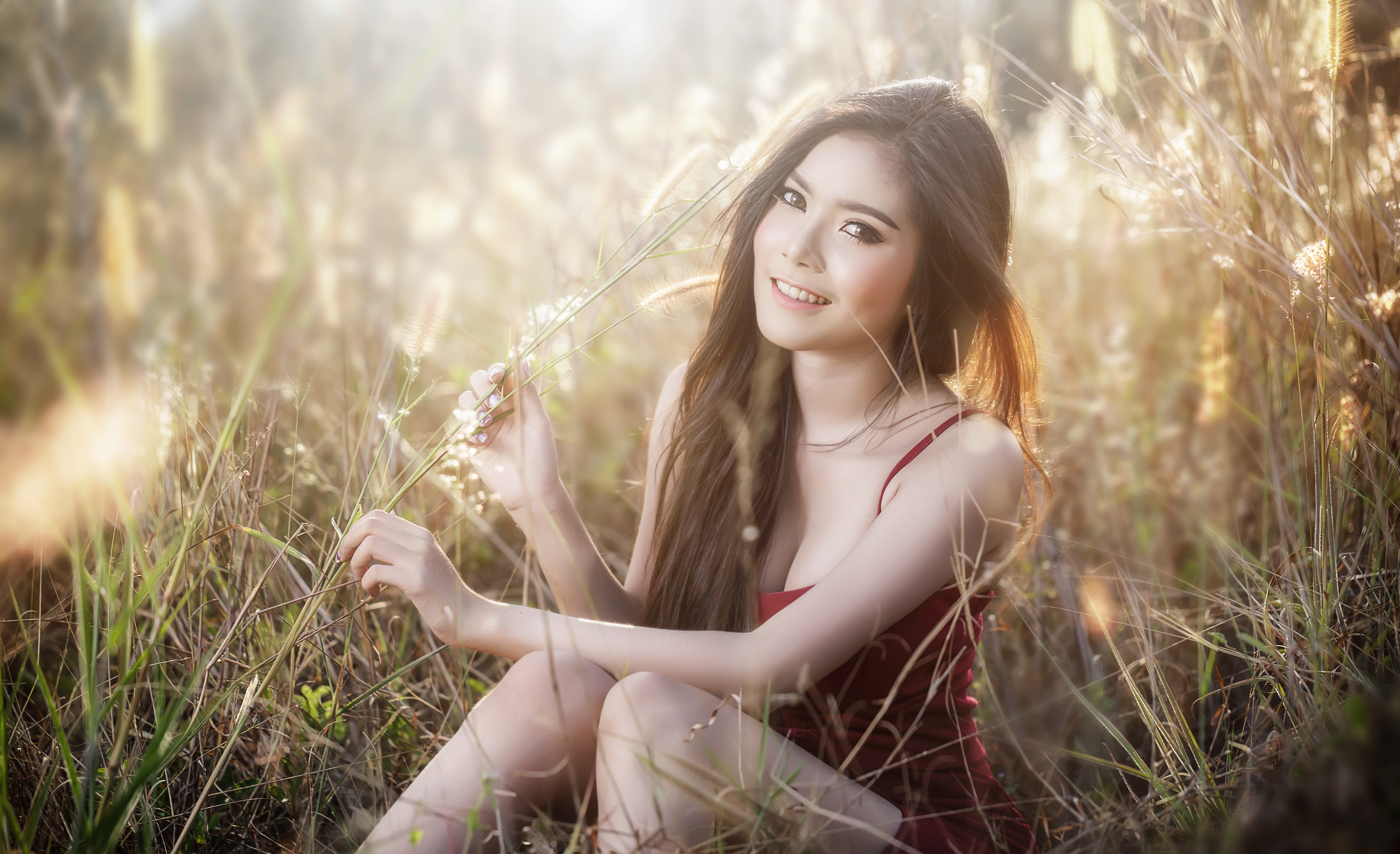 Asian Model Women Long Hair Brunette Depth Of Field Sitting Field Shirt Straw Smiling 5746x3505