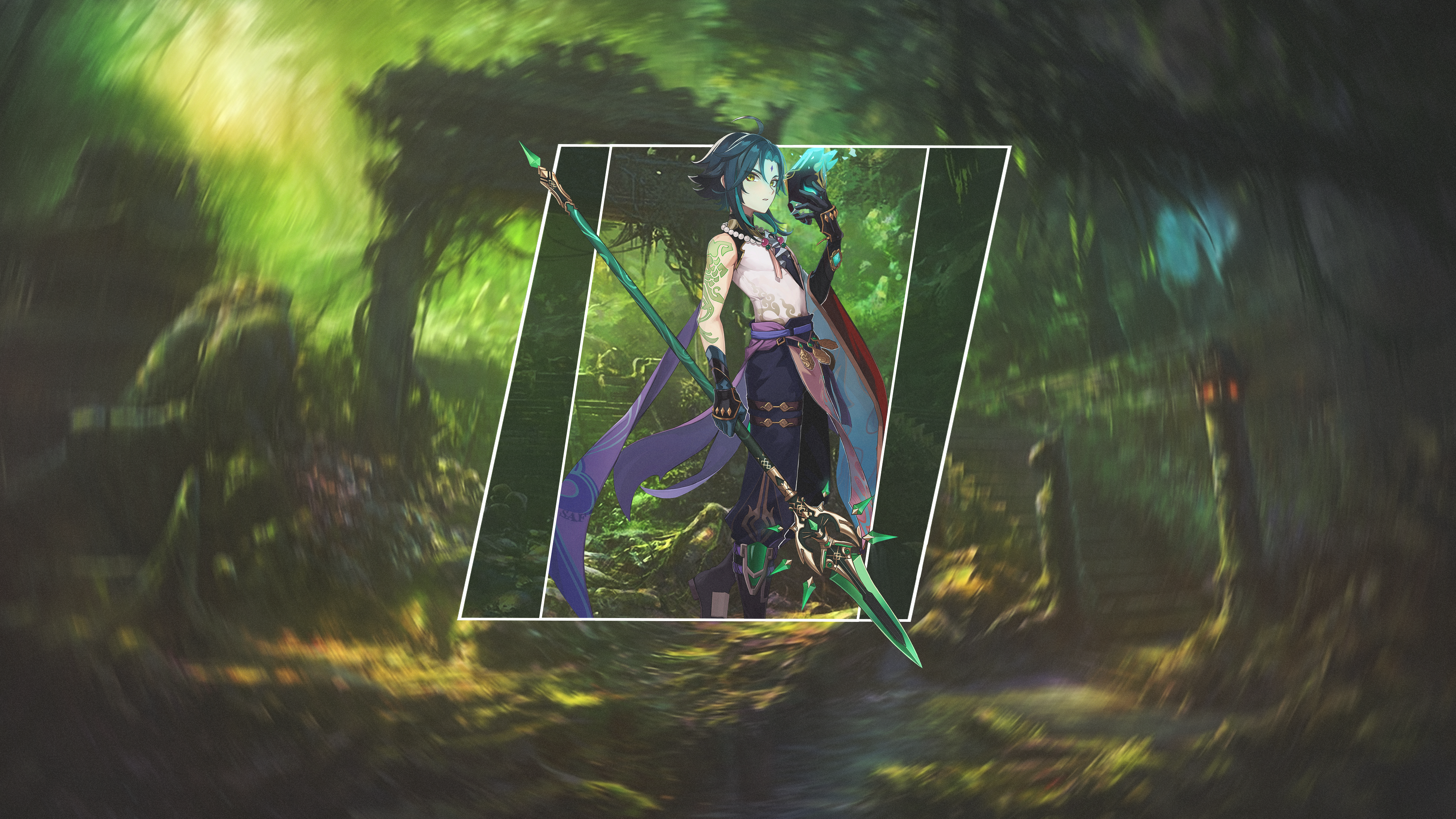 Xiao Genshin Impact Anime Boys Spear Forest Green Picture In Picture Fan Art 3840x2160