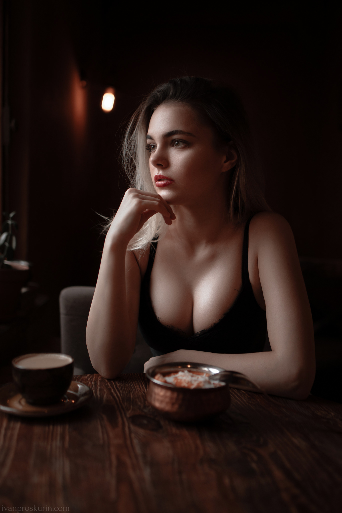 Ivan Proskurin Women Looking Away Dress Black Clothing Table Cup Coffee Makeup Ombre Hair Oktyabrina 1366x2048