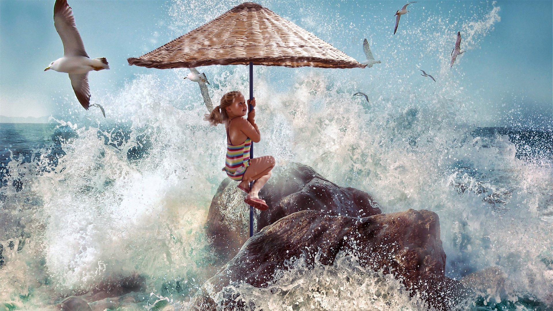 Child Girl Manipulation Rock Seagull Umbrella Wave 1920x1080