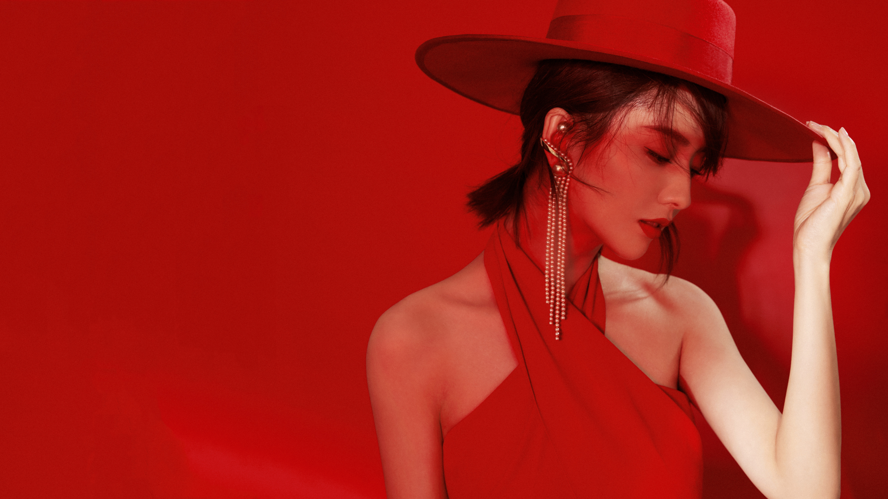 Women China Tong Liya Hat Brunette Model Red Dress Red Hats Bare Shoulders Red Background Studio 2844x1600
