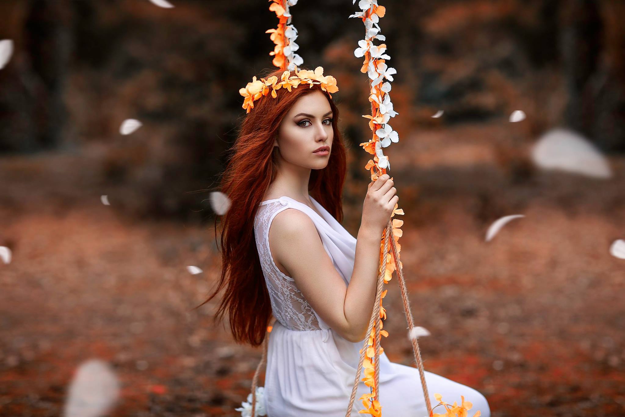 Depth Of Field Girl Long Hair Model Redhead Swing White Dress Woman Wreath 2048x1365