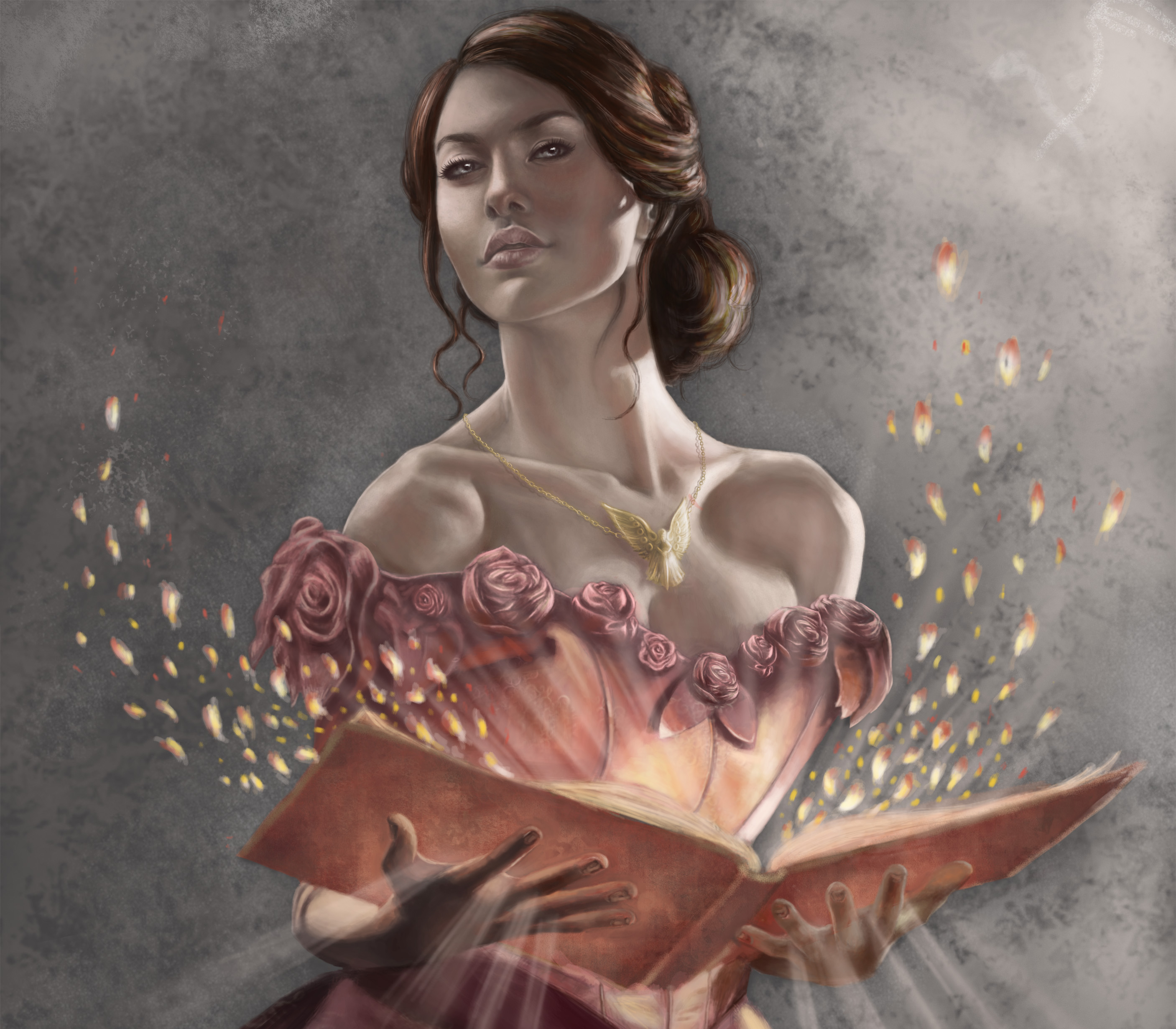 Book Dress Fantasy Girl Light Magic Pendant Rose Woman 2813x2461