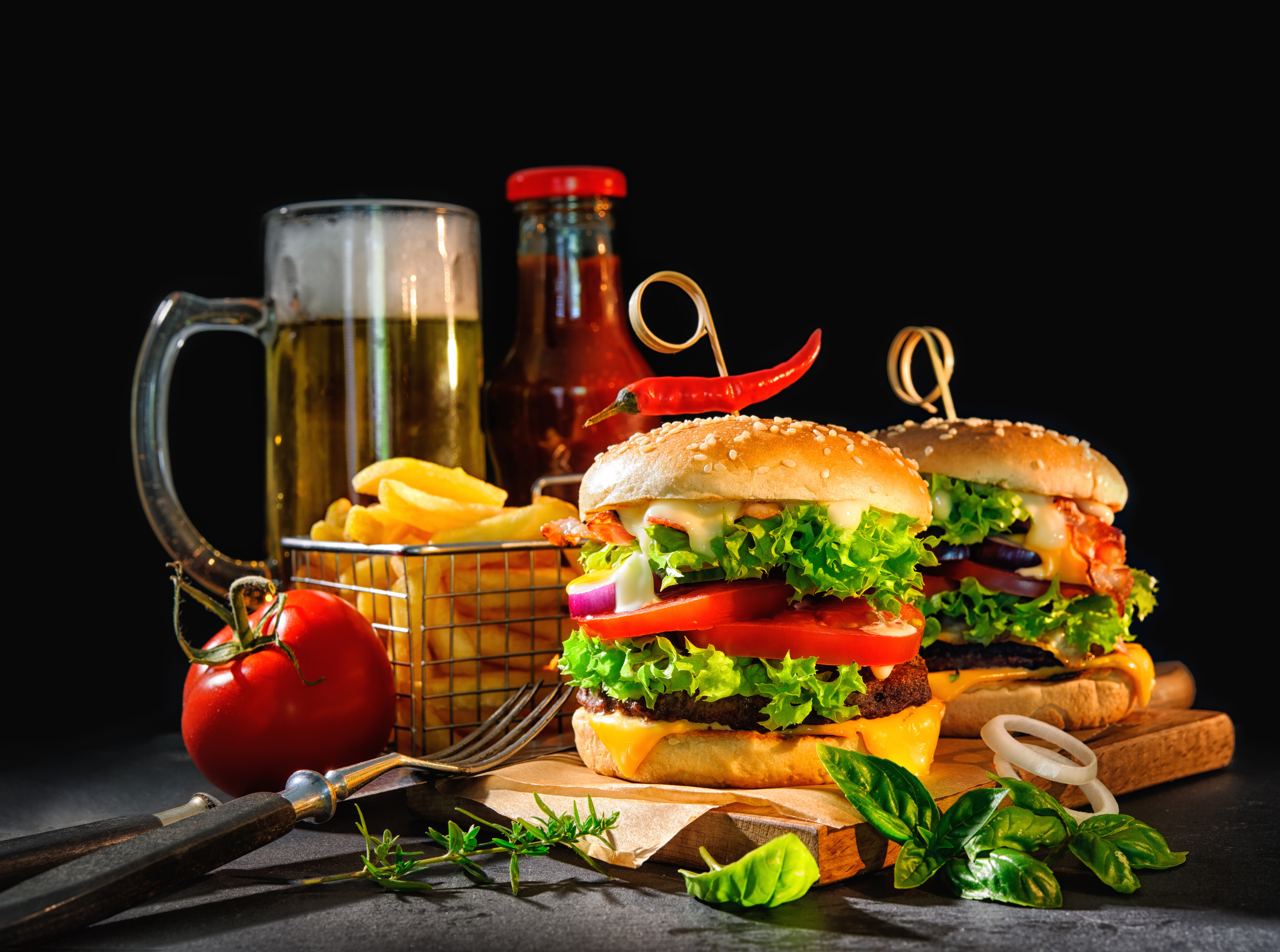 Beer Burger French Fries Still Life Tomato 6048x4500