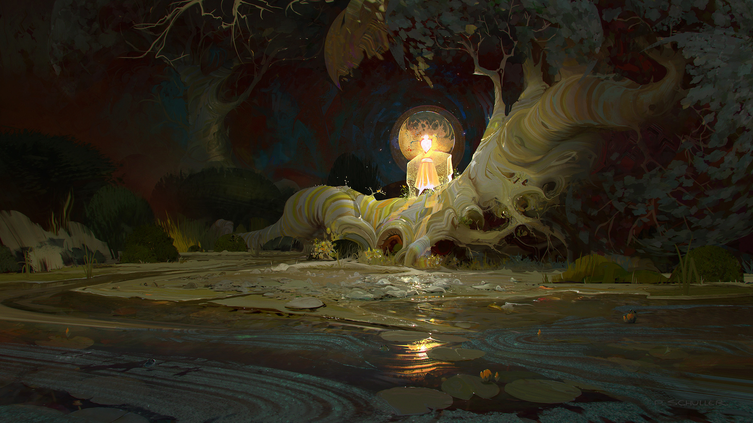 Artwork Digital Art Landscape Pierre Alexandre Schuller Painting Light Effects Halo Tree Stump Refle 2500x1406