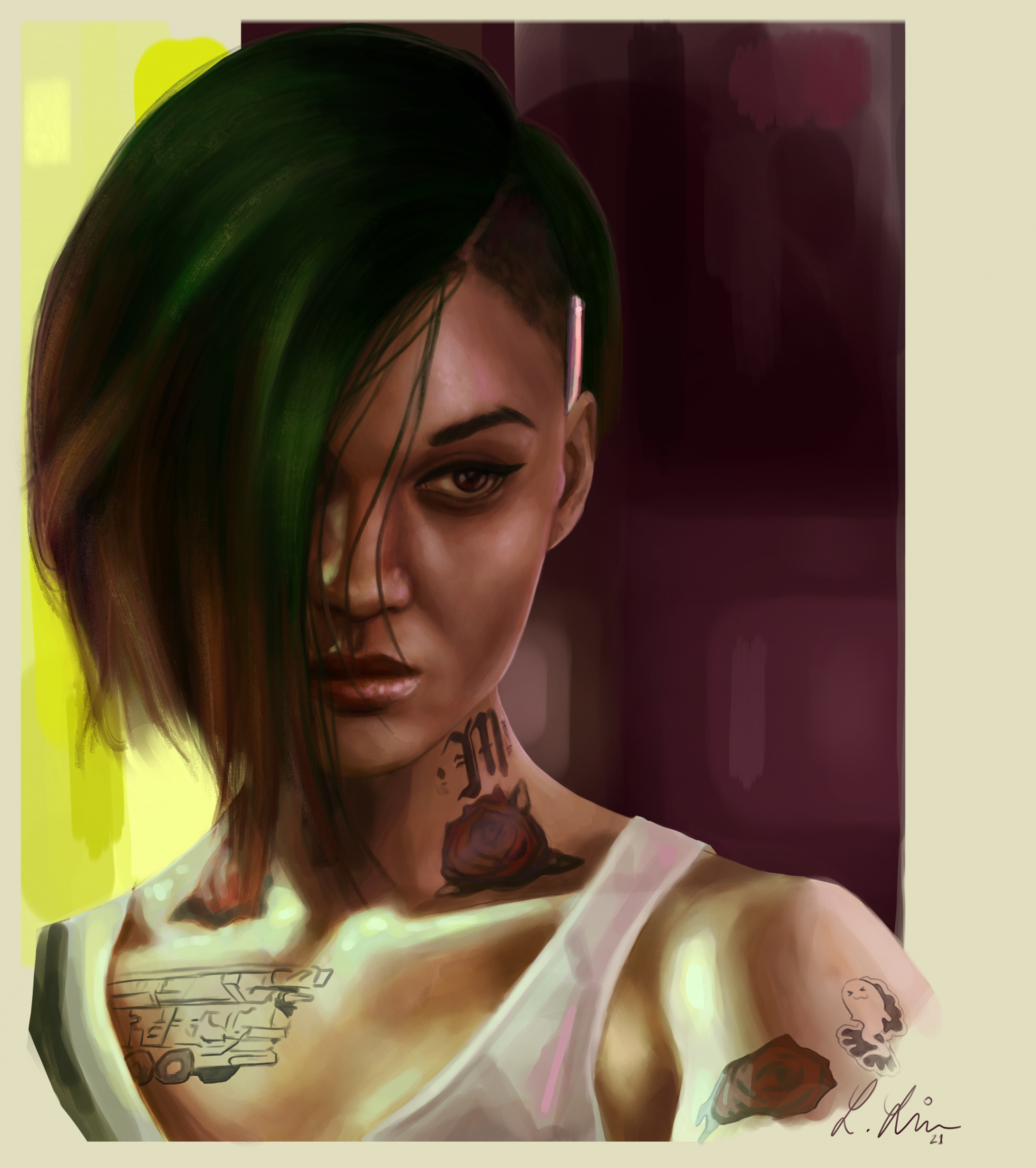 Lucy Finch Portrait Video Game Girls Artwork Undercut Hairstyle Face Looking At The Side Tattoo Gree 3805x4288