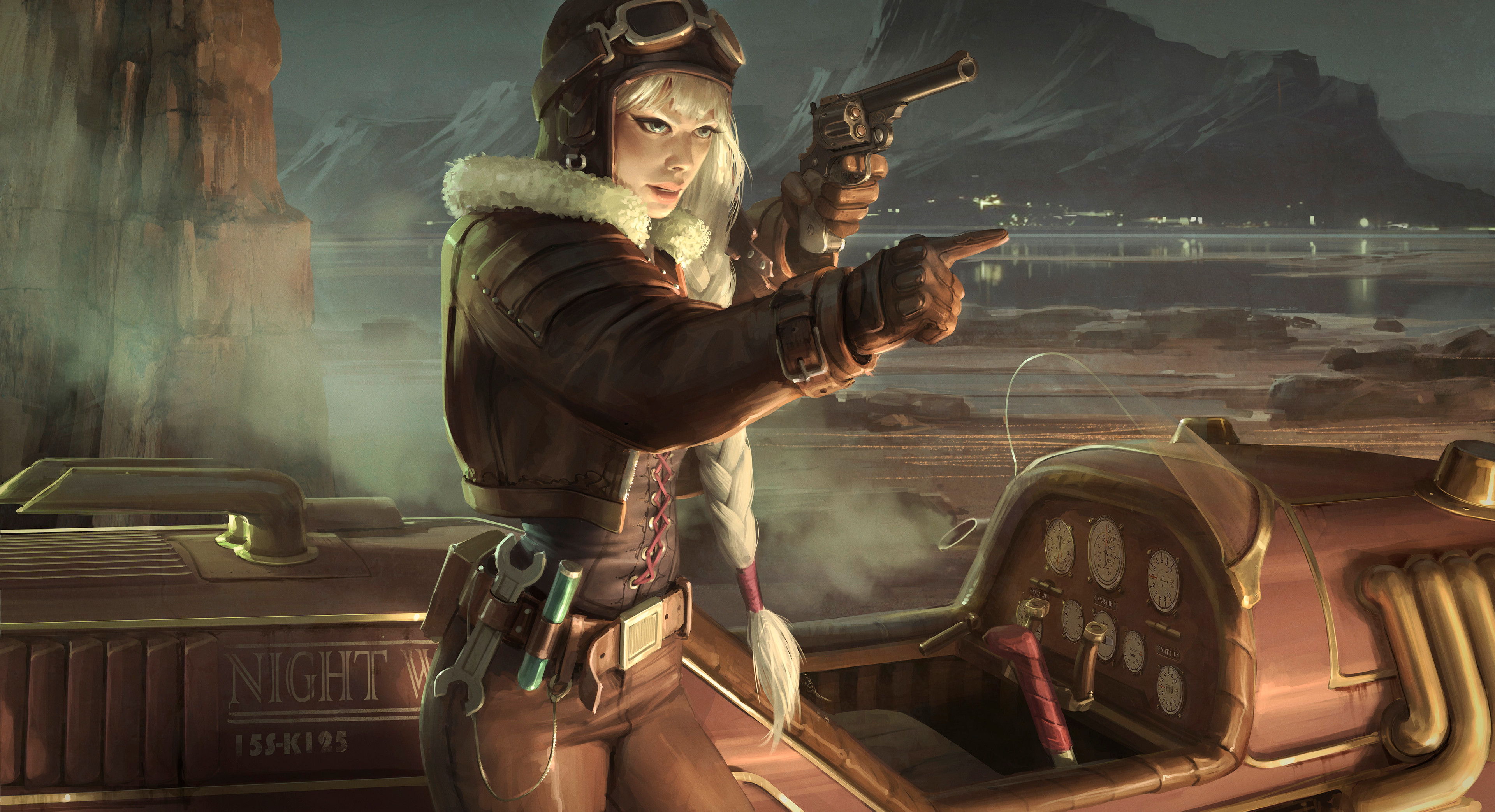 Women Artwork Fantasy Girl ArtStation Gun Weapon Blonde Long Hair Vehicle Revolver 3840x2087