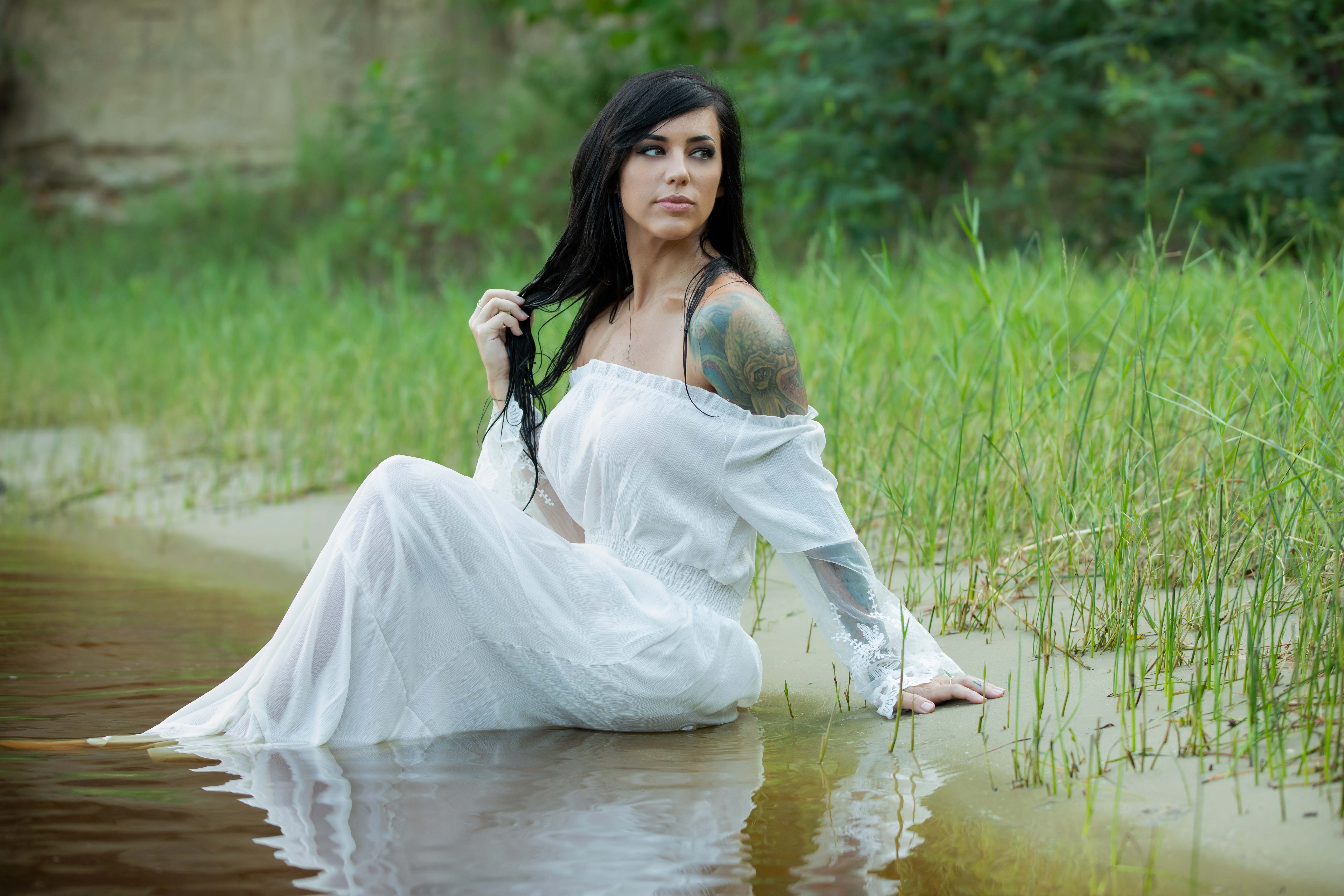 Women Model Brunette Dark Eyes Looking Away Wet Hair Bare Shoulders Tattoo White Dress Water Grass S 7000x4667