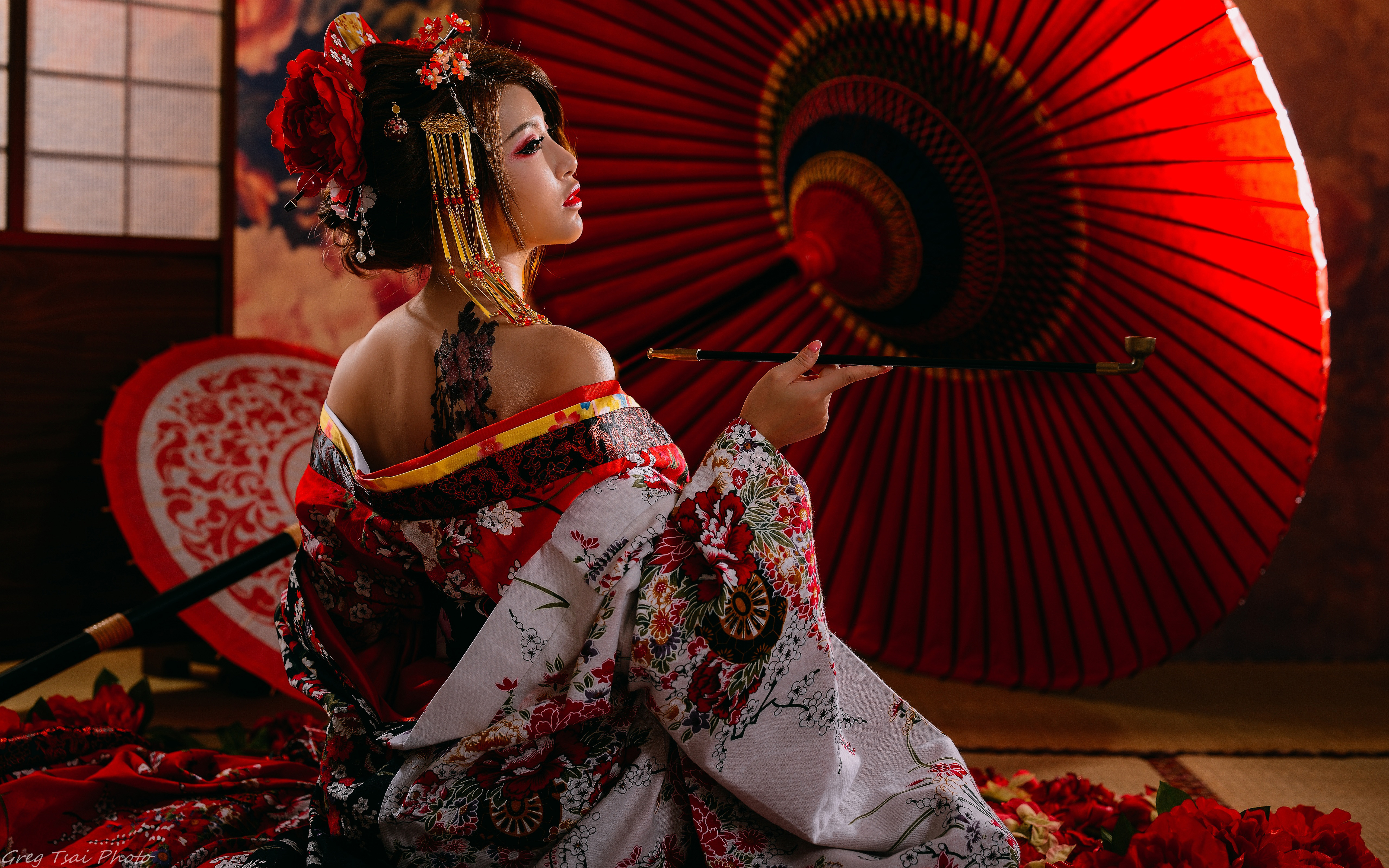 Asian Brunette Geisha Girl Kimono Lipstick Model Tattoo Umbrella Woman 5120x3200