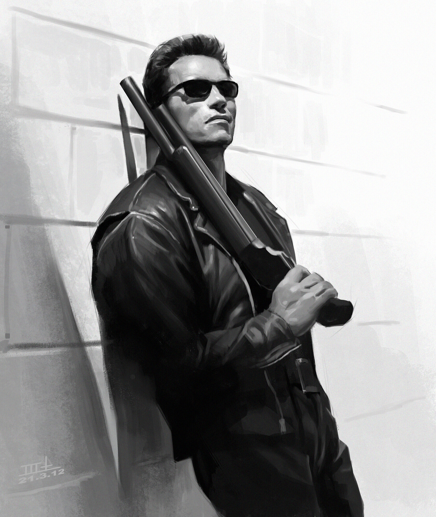 Ronnie Wong ArtStation Monochrome Cyborg Terminator Arnold Schwarzenegger Artwork Weapon Shades Term 1679x1990