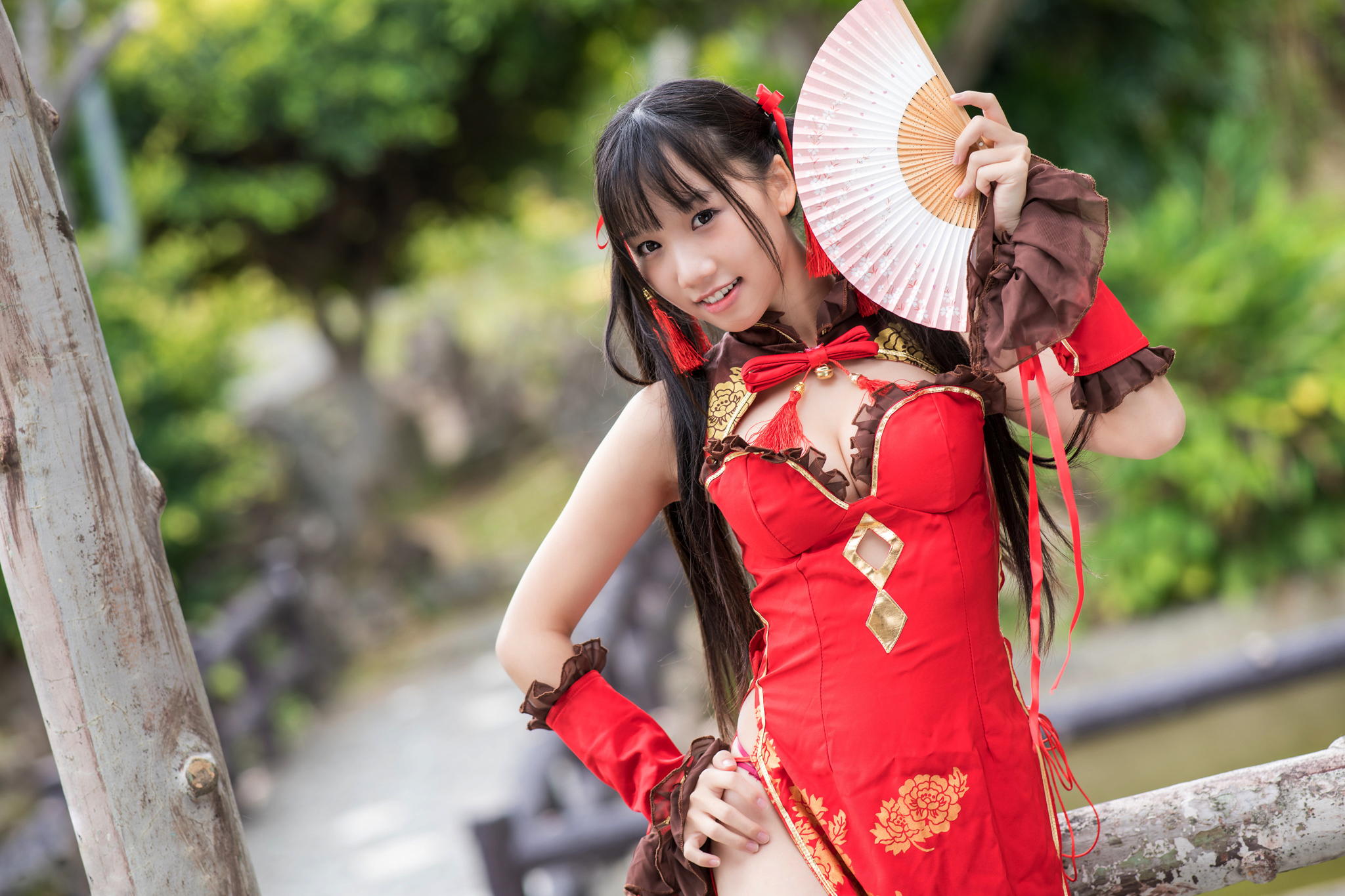 Asian Model Women Long Hair Dark Hair Depth Of Field Twintails Hairband Traditional Clothing Trees B 2048x1365