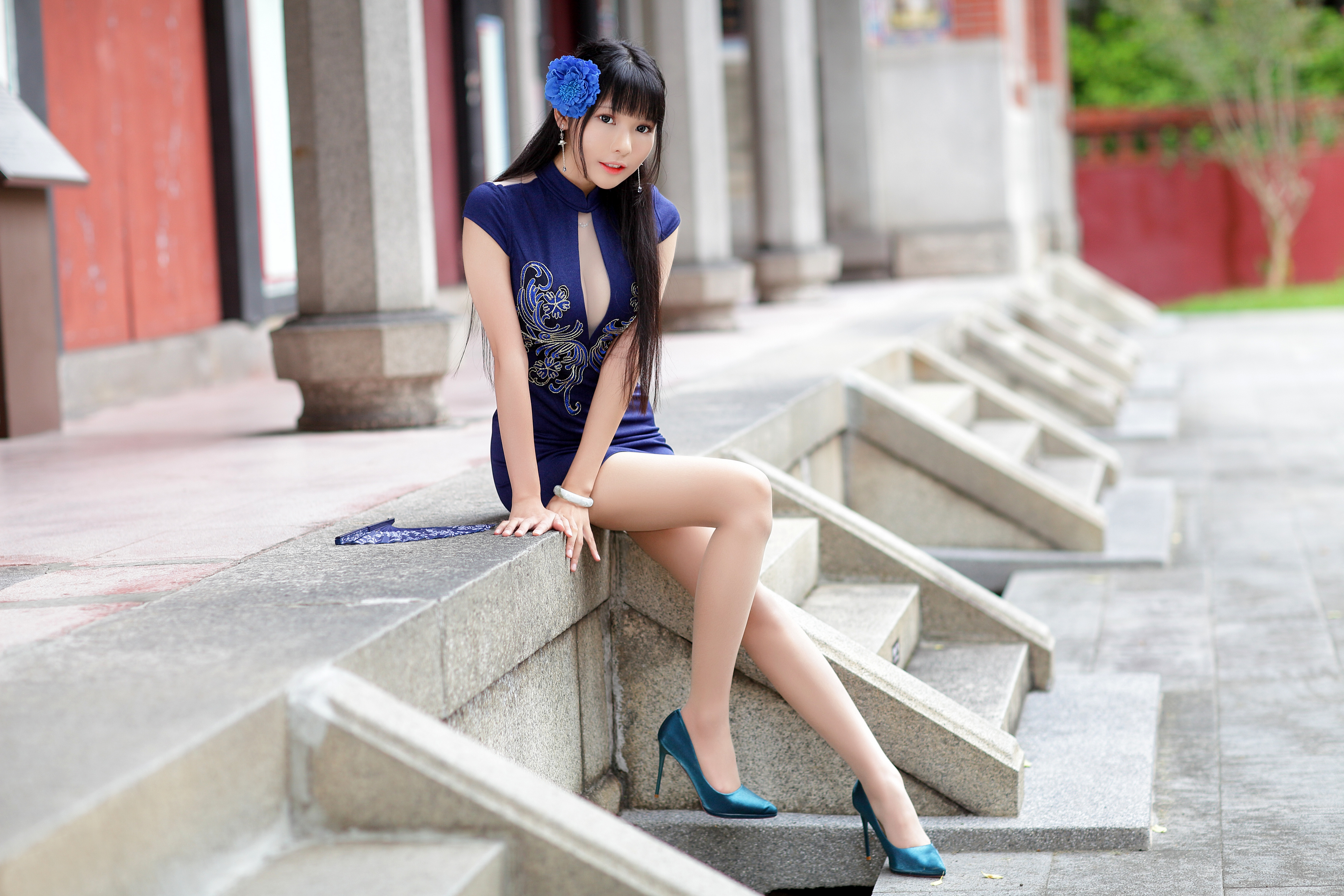 Asian Model Women Long Hair Black Hair Sitting Traditional Clothing Hair Ornament Bracelets Blue Hig 3840x2560