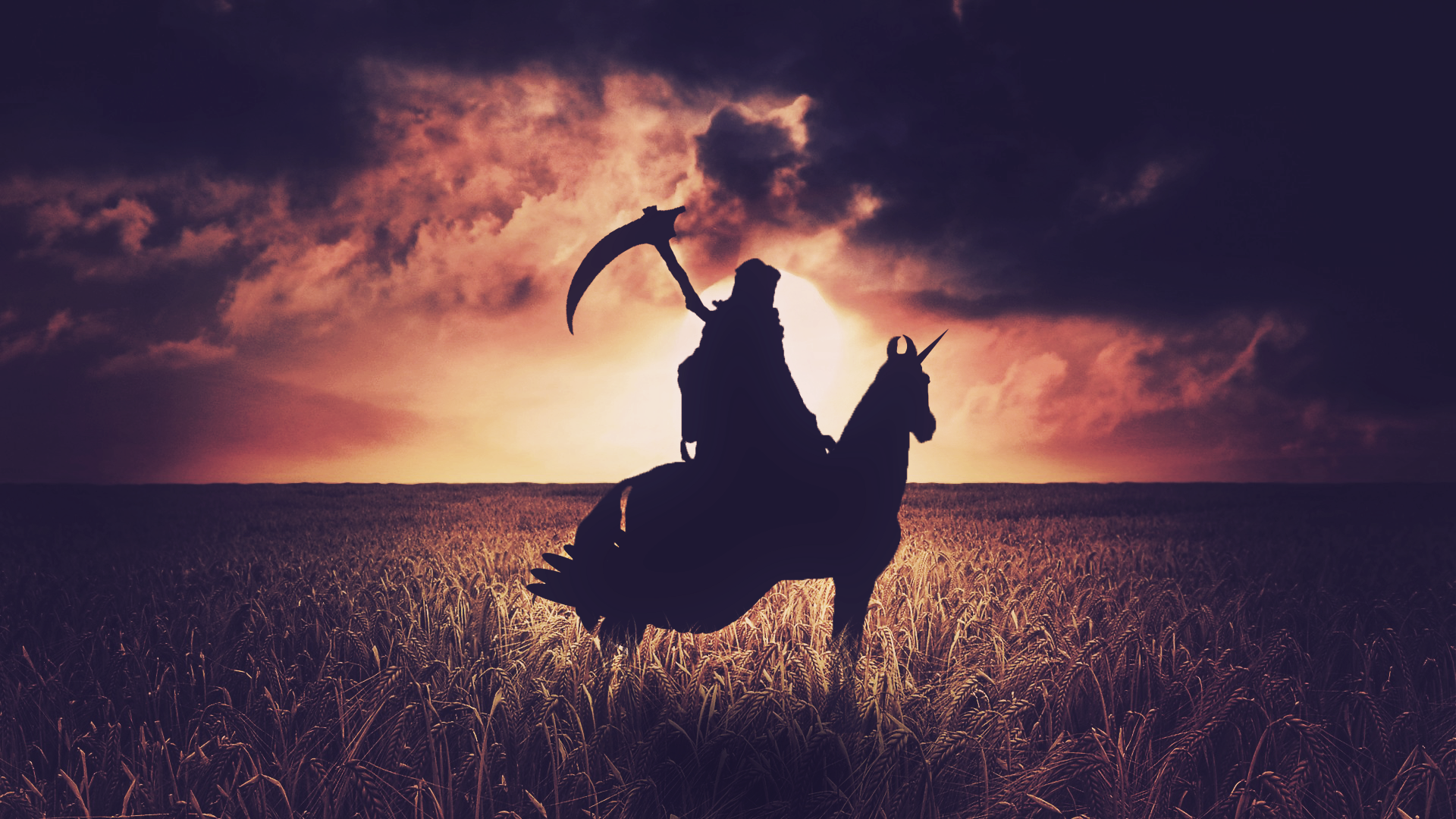 Death Unicorn Silhouette Backlight Landscape Contrast Ride Scythe 1920x1080