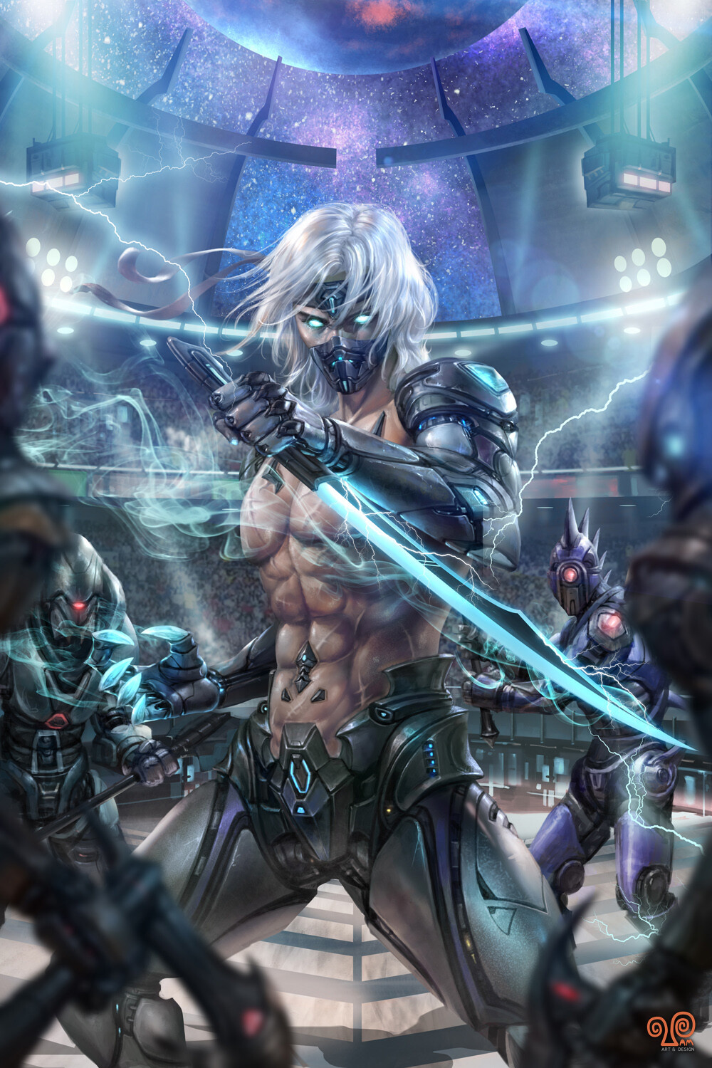 Mansik Yang Drawing Men Cyborg Prosthesis Silver Hair Short Hair Blue Eyes Glowing Eyes Weapon Sword 1000x1500
