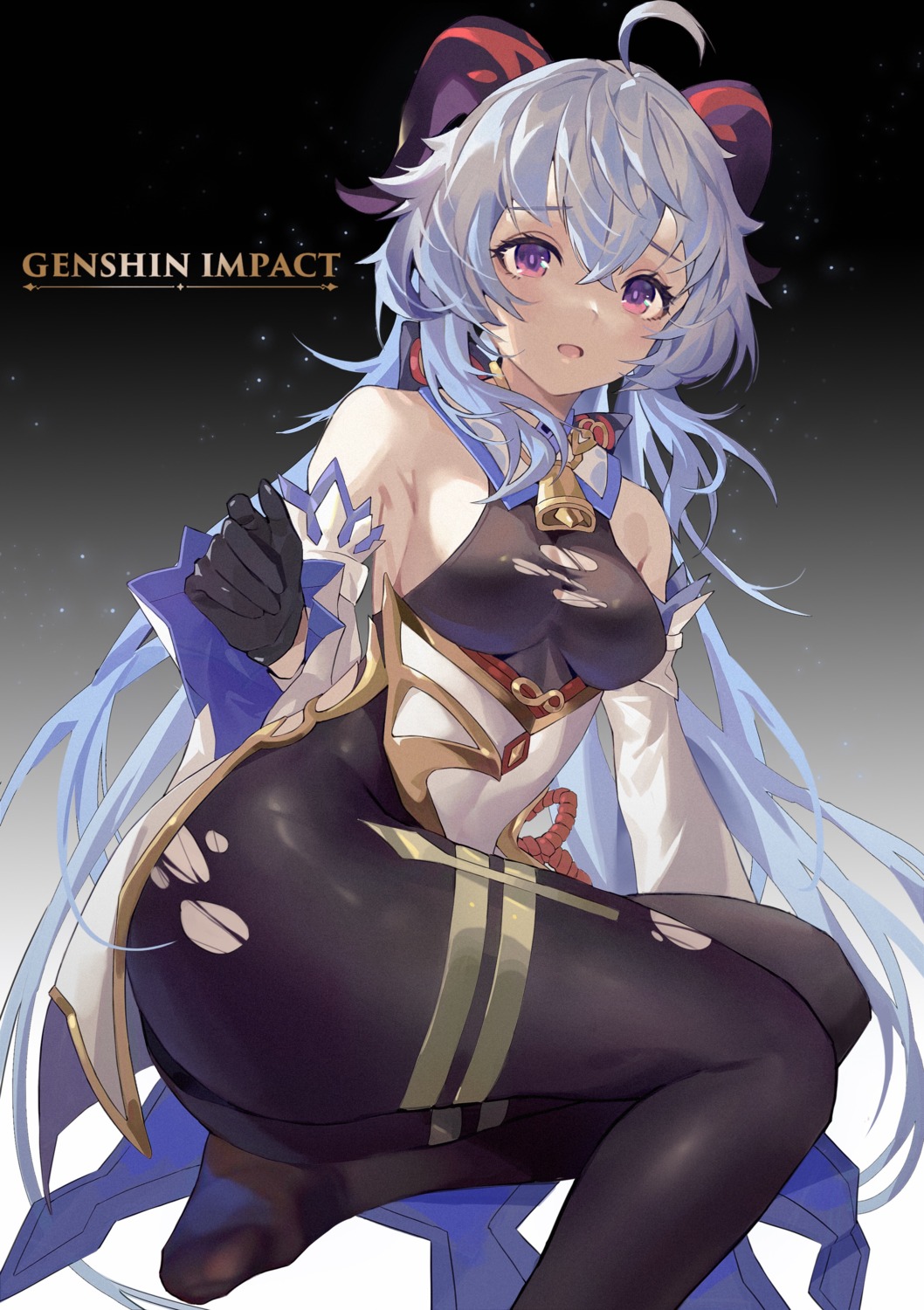Anime Girls Long Hair Genshin Impact Ganyu Genshin Impact Blue Hair Torn Clothes Horns 1058x1500