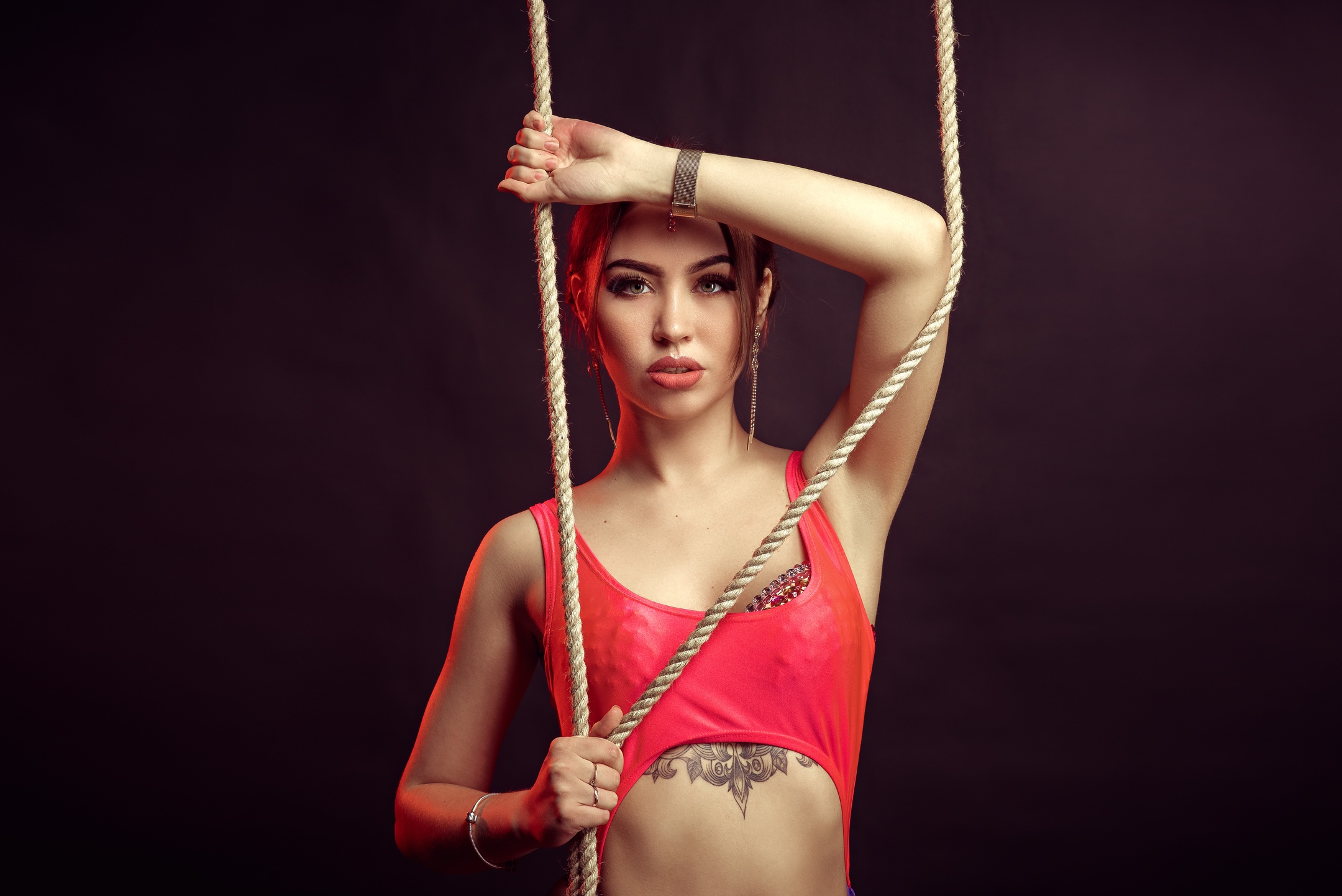 Natalia Anisimova Model Women Brunette Green Eyes Tattoo Top Arms Up Armpits Ropes Simple Background 2160x1442