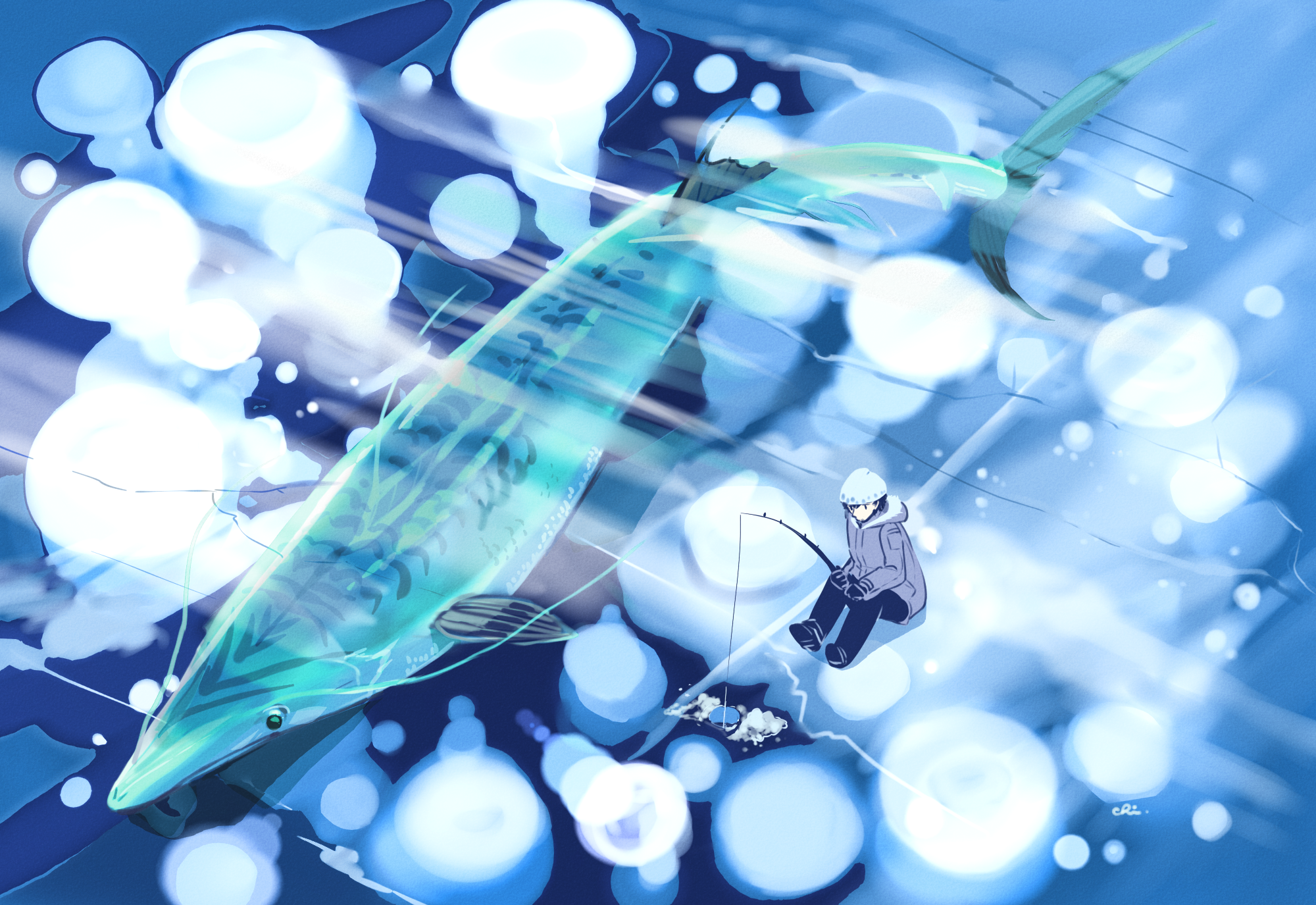Anime Winter Ice Fish Fisherman Original Characters Blue 2000x1375