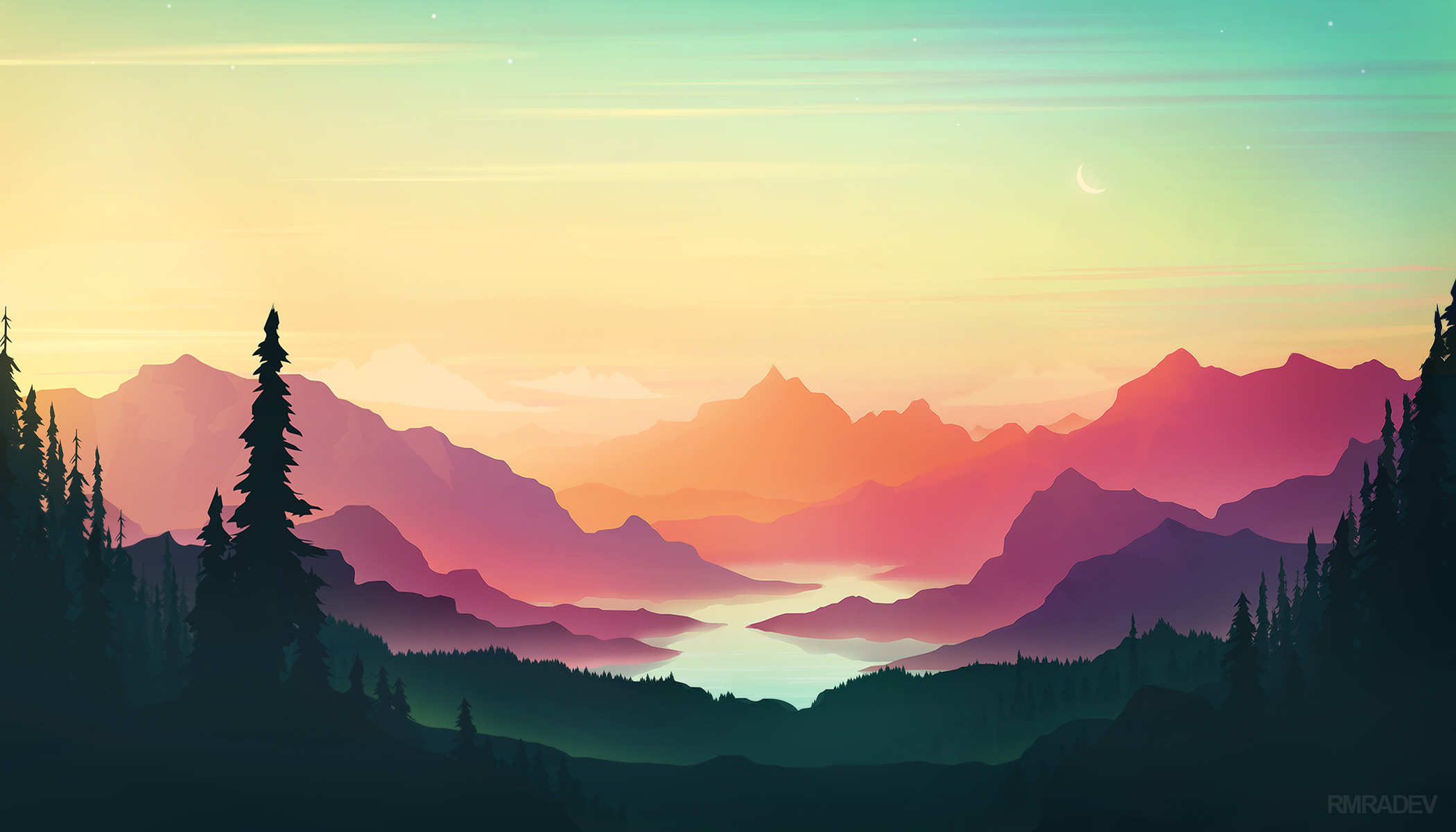 Digital Painting Sunset Mountains Forest River RmRadev 2100x1200